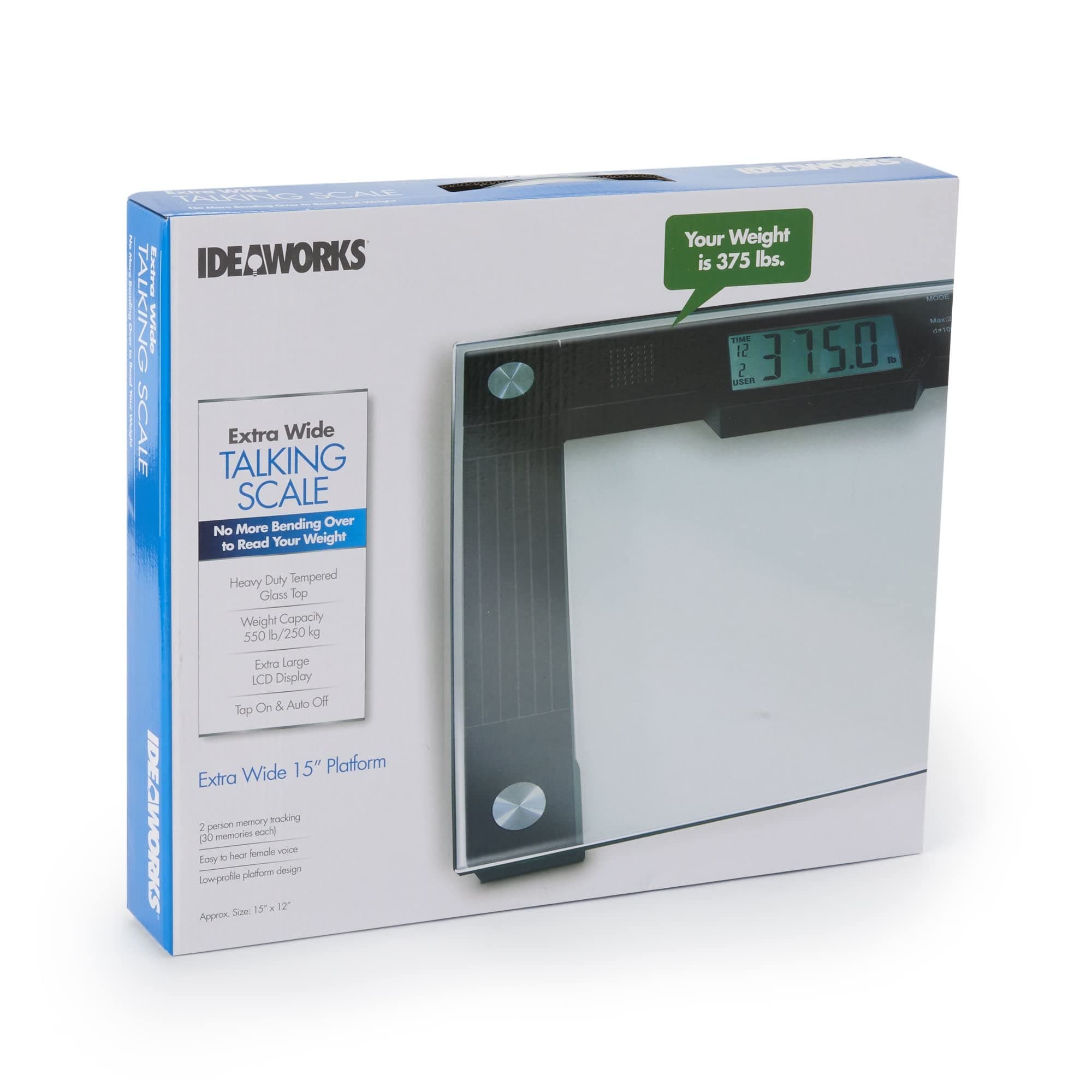 JB5824 Extra Wide Talking Scale-Visual & Voice Display Scale- 550 Pounds Max-Tamper Glass-Extra Wide Width-Large LCD Display-Tap On & Off Auto Function