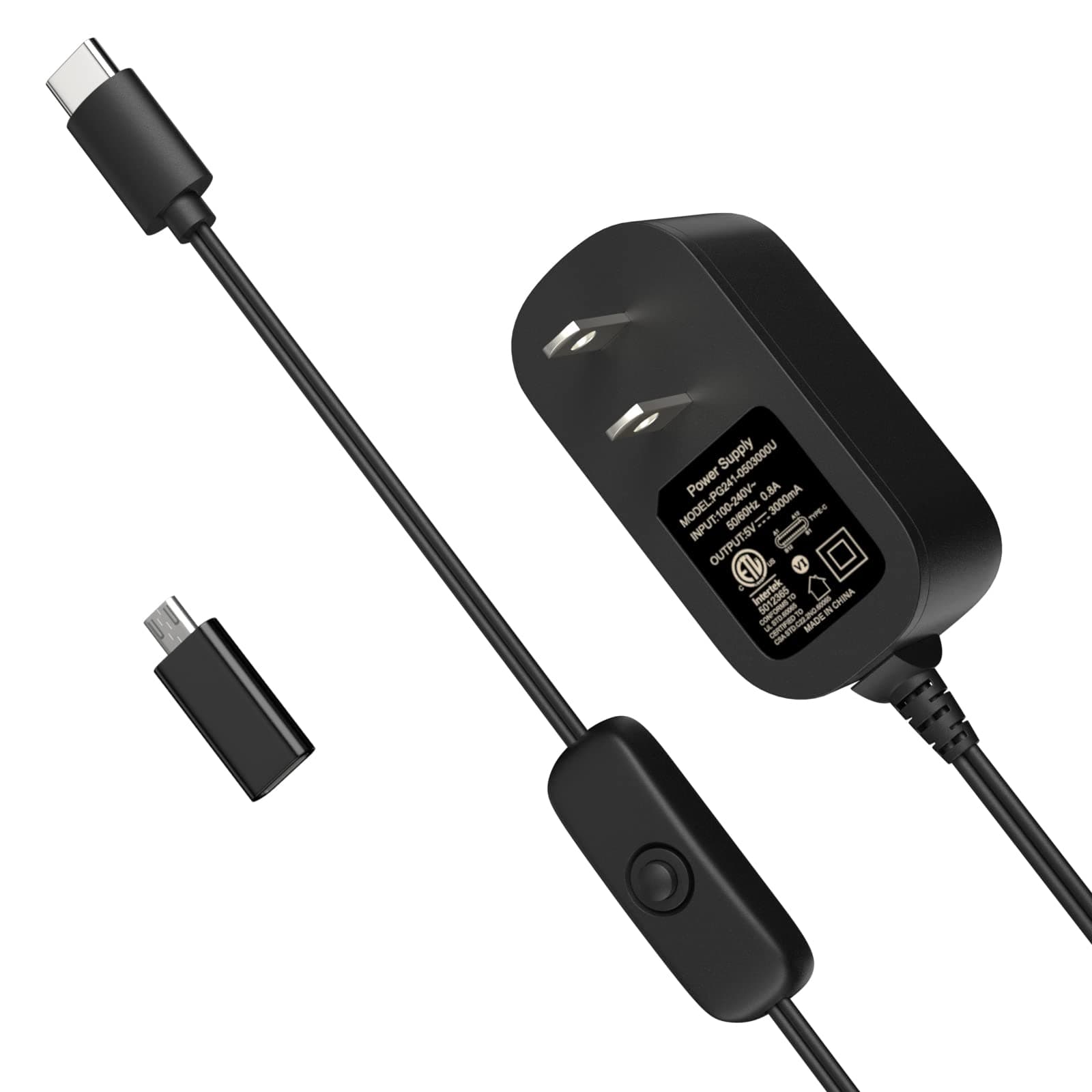 Power Supply for Raspberry Pi 4, 5V 3A Power Supply with ON/Off Switch Compatible with Raspberry Pi 4 Model B, USB-C Charger Power Adapter, with Type-C & Micro USB Adapter for Pi 3