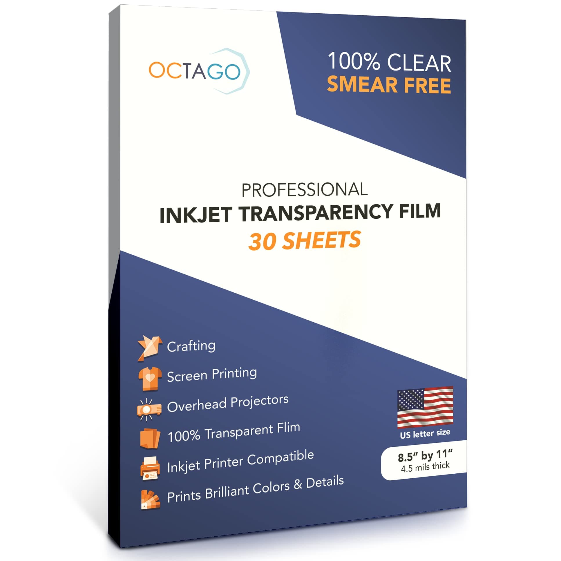 Octago Inkjet Transparency Paper (100% Clear) Transparency Sheets for Inkjet Printers, Color Inkjet Transparency Film, Acetate Sheets for Crafts, Premium Print, Clear Paper US Letter - 30 Sheets