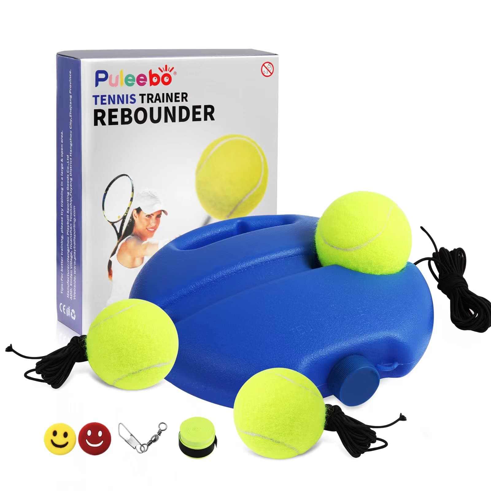 Tennis Trainer Rebound Ball for Self Practice, 3 Balls with String, Anti-Tangle Hook, Vibration Dampeners, Overgrip, Color Box