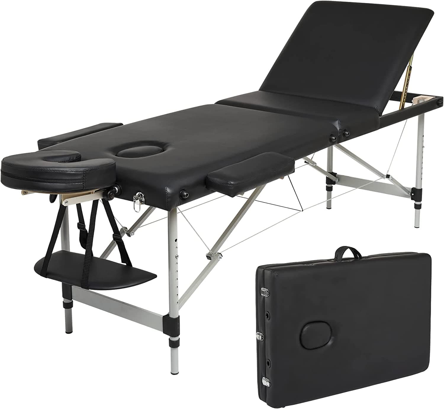 TDOOMassage Table Portable Massage Bed 3-Section Portable Folding SPA Bed, Lightweight, Spa Tattoo Couch Bed, 3/2 Zones with Height-Adjustable, with Carry Bag, Aluminum Feet (Black)
