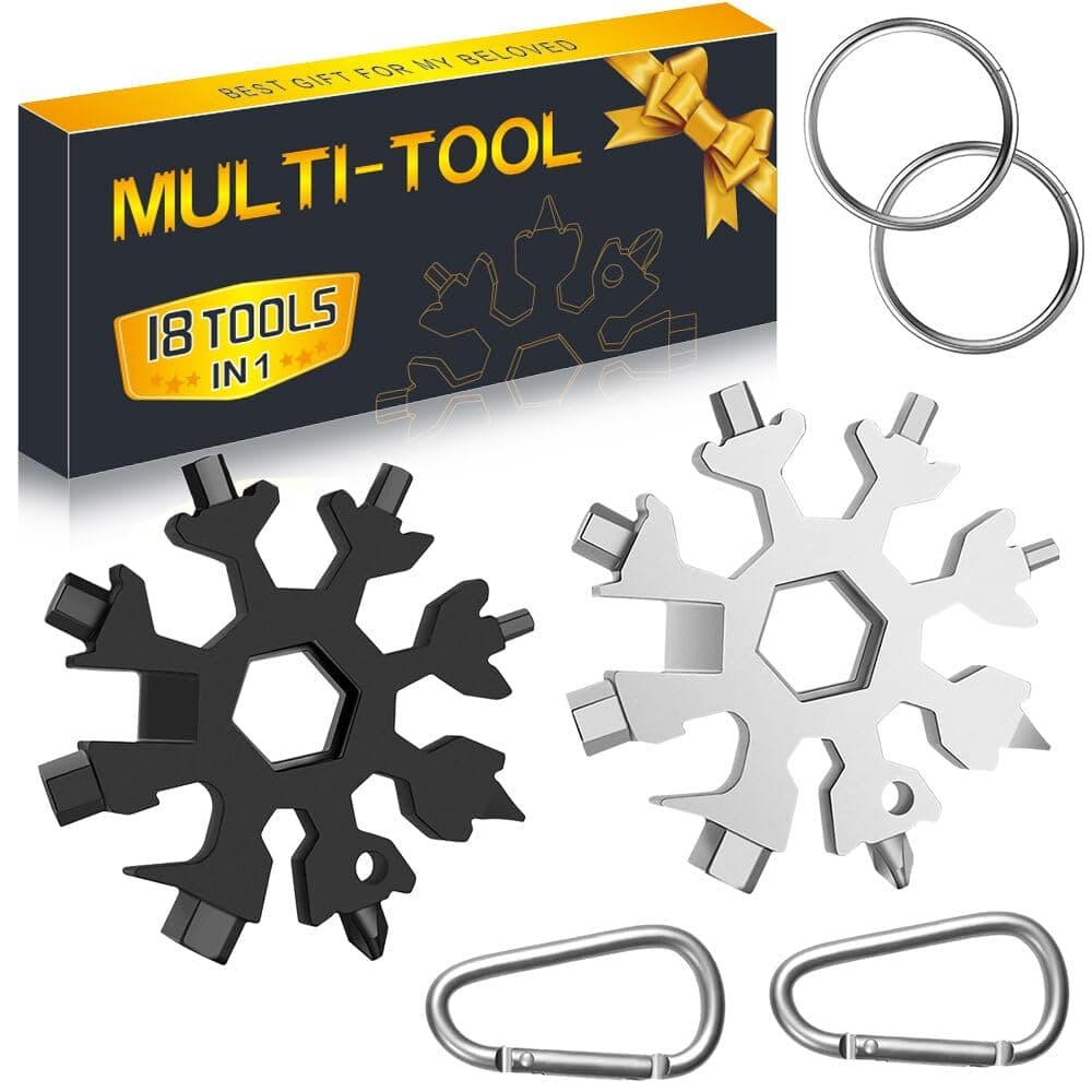 Stocking Stuffers for Men - Snowflake 18 in 1 Multitool Christmas Gifts, 2 Pack Multi Tools for Dad from Daughter Son, Gifts for Father Husband Him (Silver+Black)