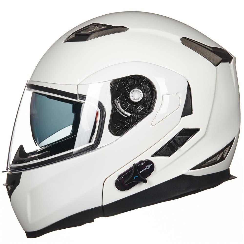 ILM Bluetooth Integrated Modular Flip up Full Face Motorcycle Helmet Sun Shield Mp3 Intercom Model 953 (L, White)