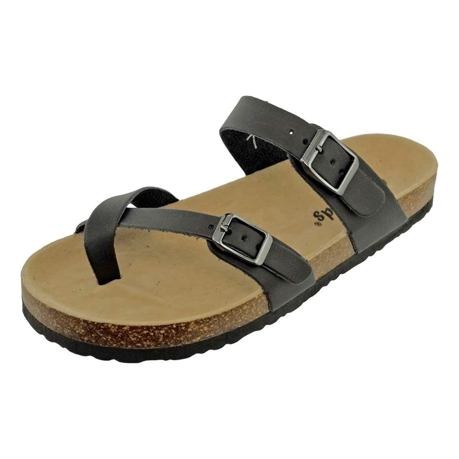 Women's Bork-30 Vegan Leather Adjustable Strap Toe-Loop Buckle Flats Sandals (6 B(M) US, Black)