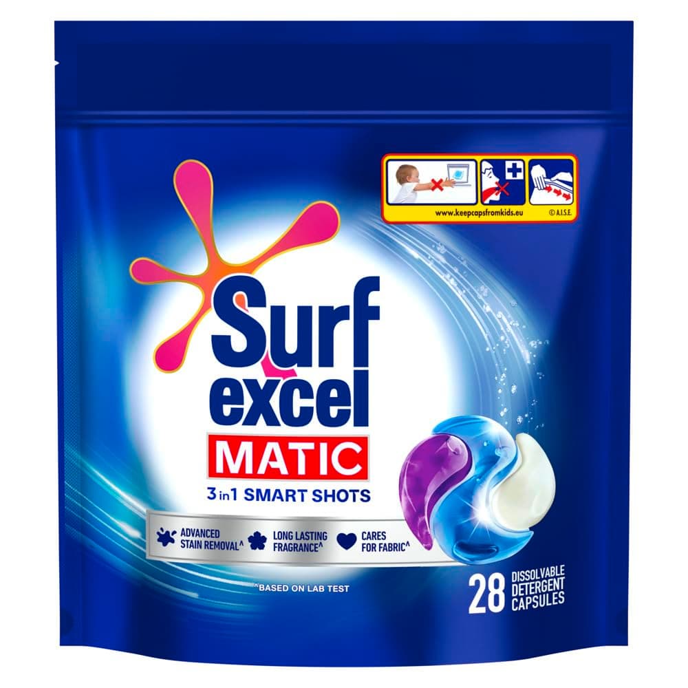 Excel 3 in 1 Smart Shots Unit Dose Liquid Detergent Pack of 28 Count for Both Front Load and Top Load Washing Machines|| (28 U x 19.9 g)