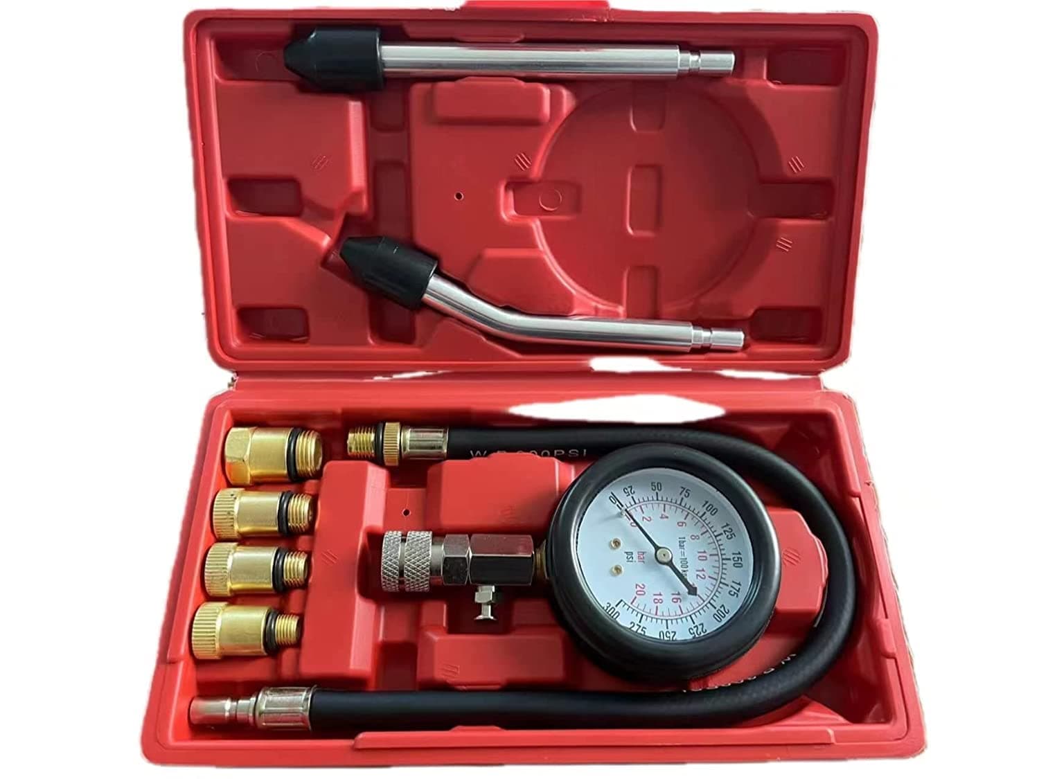 8PCS Compression Tester, Engine Compression Tester kit Professional Petrol Gas Engine Cylinder Pressure Gauge 0-300 PSI Automotive Tool for Motorcycle Car Truck(Plastic red)