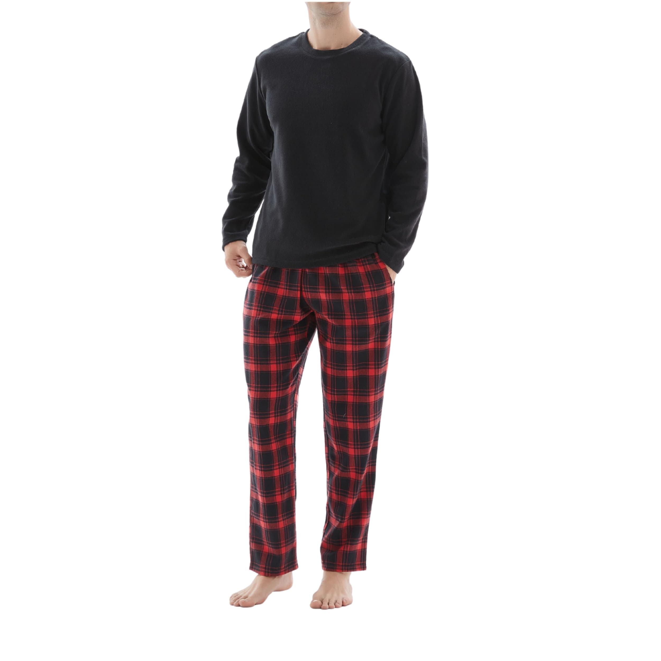 SaneShoppe Men's Pyjamas Set 1 or 2 Pack Super Soft Thermal Fleece Winter Top Plaid Checked Cotton Bottom Loungewear with Pockets Trousers, Drawstrings, and Check Bottom Lounge Sleepwear Pjs