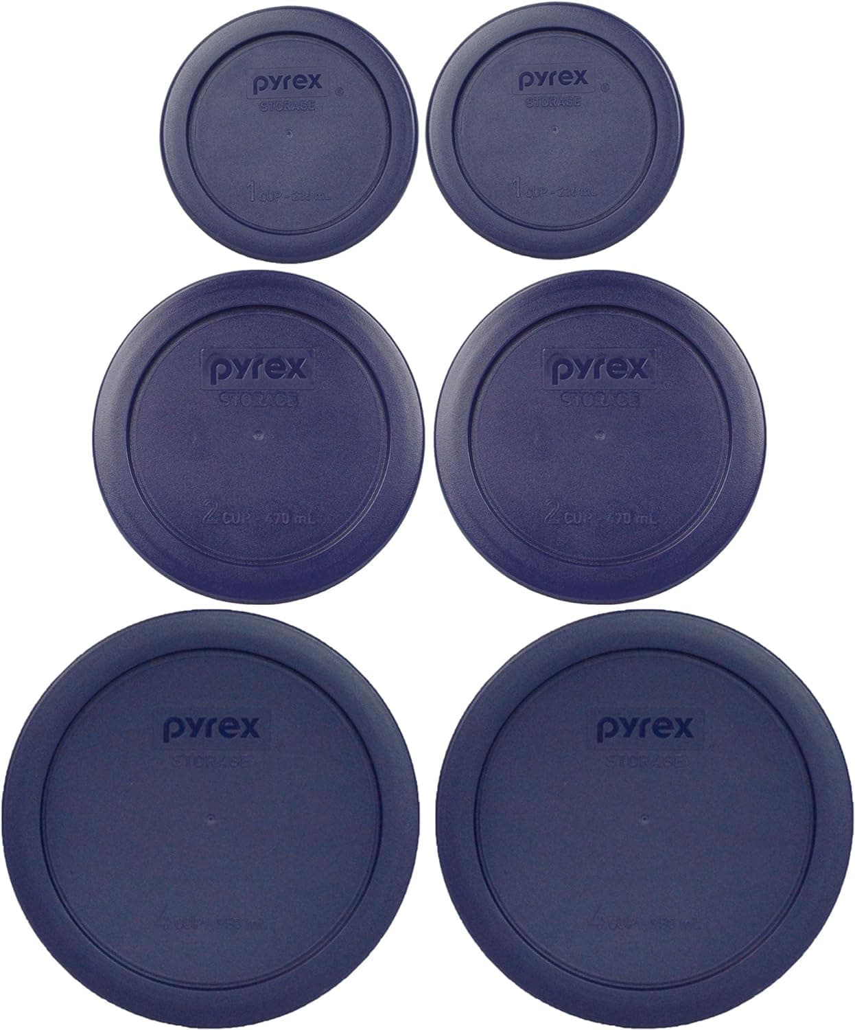 Pyrex (2) 7202-PC 1-Cup, (2) 7200-PC 2-Cup, & (2) 7201-PC 4-Cup Blue Food Storage Replacement Lids - Made in USA