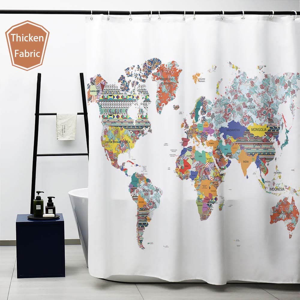 Obal World Map Fabric Shower Curtain, Colourful Patterned Bath Curtains Water Repellent Mildewproof Shower Curtains Polyester Fabric Heavy Weight Wetroom With Curtain Hooks Washable, (180cm X 180cm)