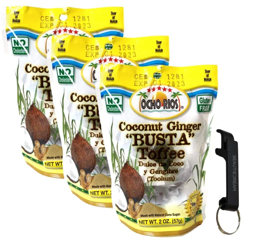 Ocho Rios Busta Candy Coconut Ginger Busta Toffee 2oz Pack of 3 with Keychain Bottle Opener in Sealed O Datz Good Packaging (Pack of 3)