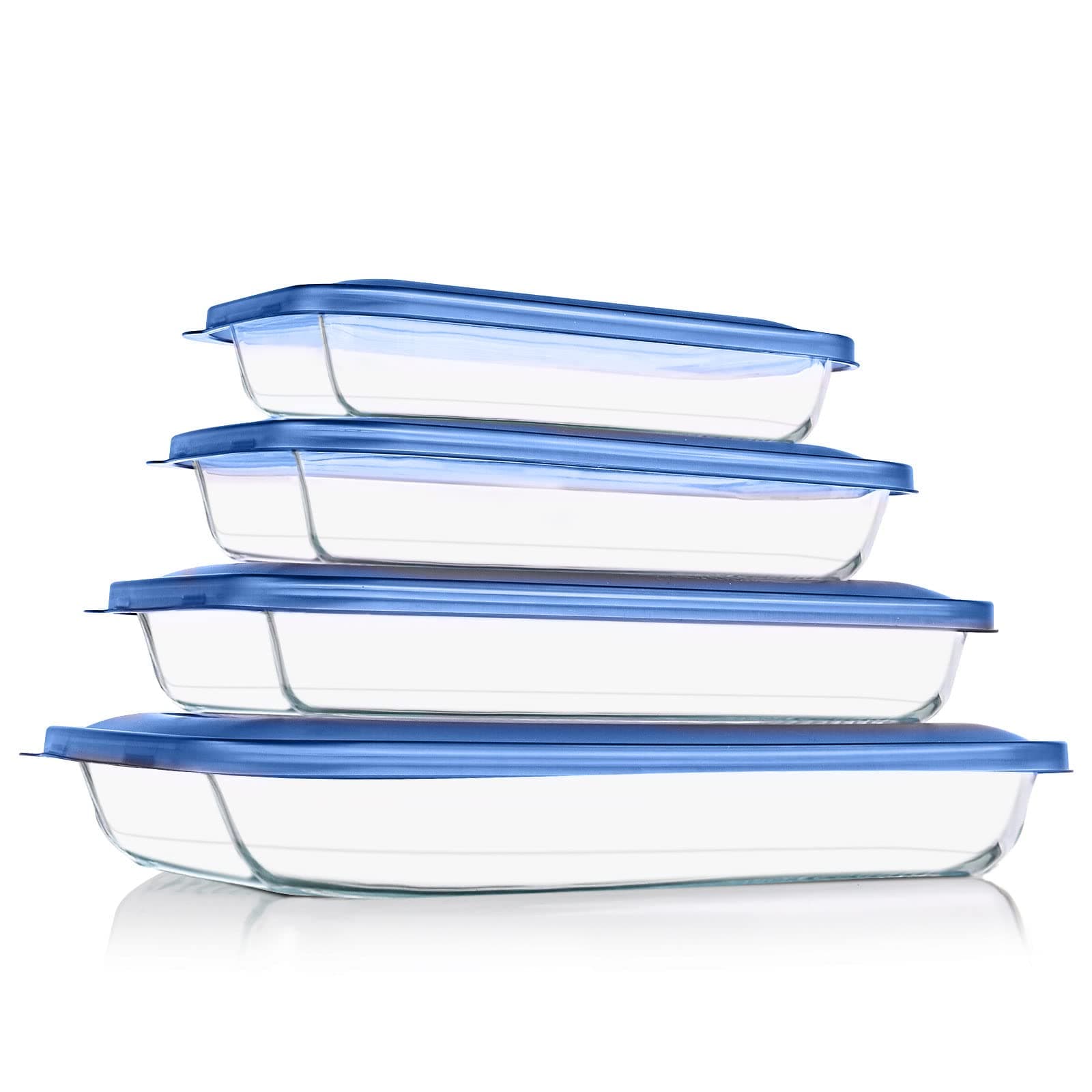 KOMUEE 8 Pieces Glass Baking Dish with Lids Rectangular Glass Baking Pan Bakeware Set with BPA Free Lids, Baking Pans for Lasagna, Leftovers, Cooking, Kitchen, Fridge-to-Oven,Blue