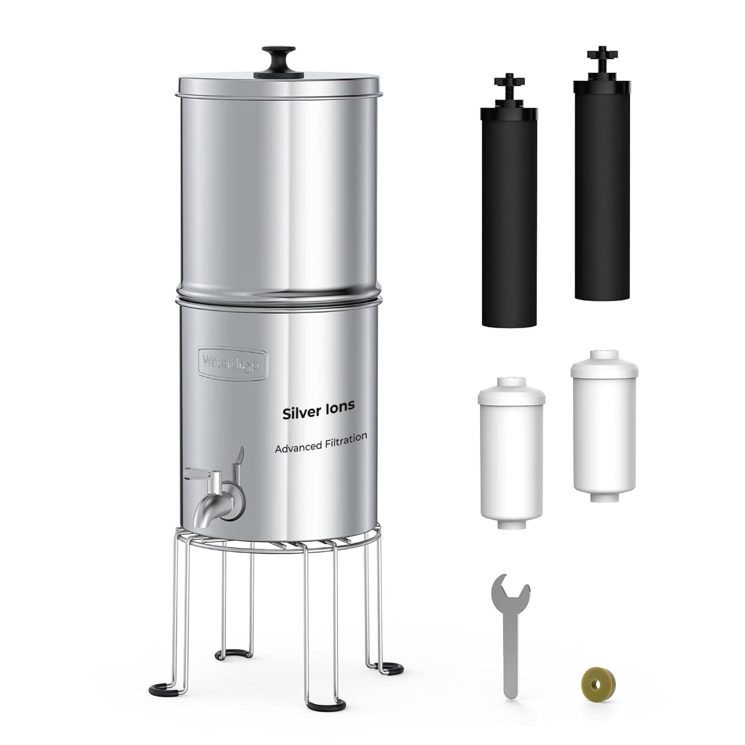 Upgrade Gravity-fed Water Filter System, with Silver Ions Enhanced Filtration, Reduces Fluoride and up to 99% of Chlorine, with 4 Filters and Metal Spigot, 2.25G
