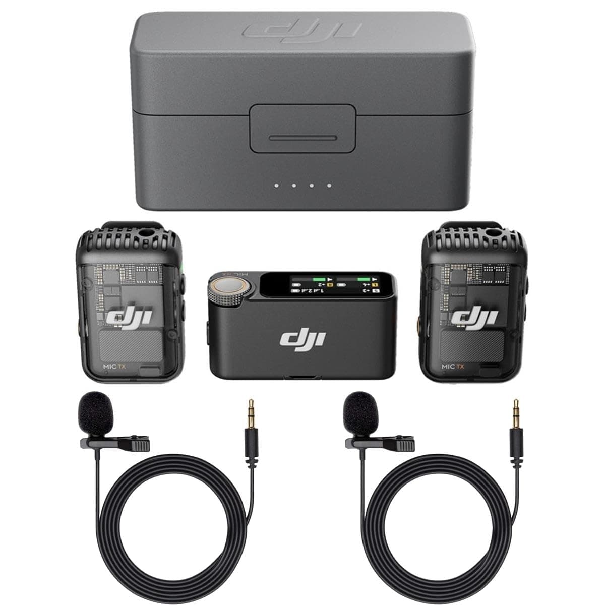DJI Mic 2 (2 TX + 1 RX + Charging Case), All-in-one Wireless Microphone, Intelligent Noise Cancelling, for iPhone, Android, Camera Bundle with, 2x Turnstile Omnidirectional Condenser Lavalier