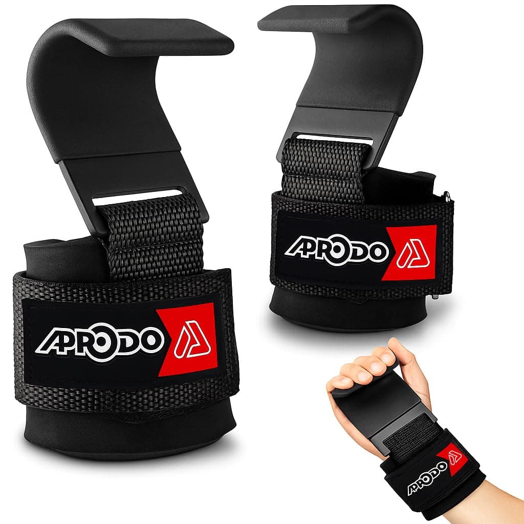 APRODO Weight Lifting Hooks for Enhanced Grip Strength | Set of 2 - Free Size (Black) | Gym Wrist Straps with Steel Hooks for Weightlifting | Adjustable Hook And Loop Closure | Hand Grip Support For Deadlifts, Pull Ups, Shrugs | Gym Gloves