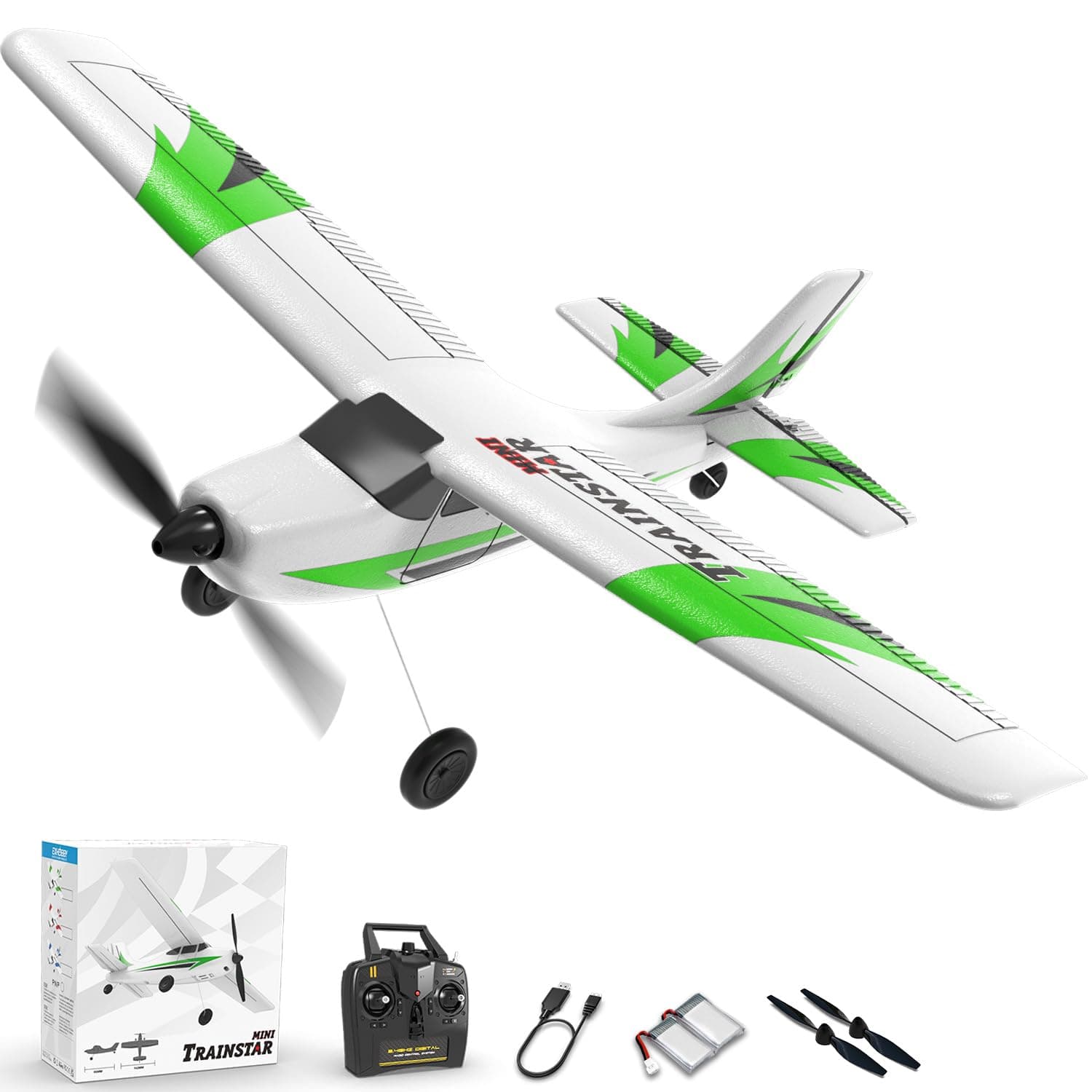RC Plane Trainer 3CH Remote Control Airplane with Prop Saver, 6-Axis Gyro Stabilizer & 3 Modes to Fly, Hobby Radio Controlled Aircraft RTF for Beginners, Adults (400mm,Green)