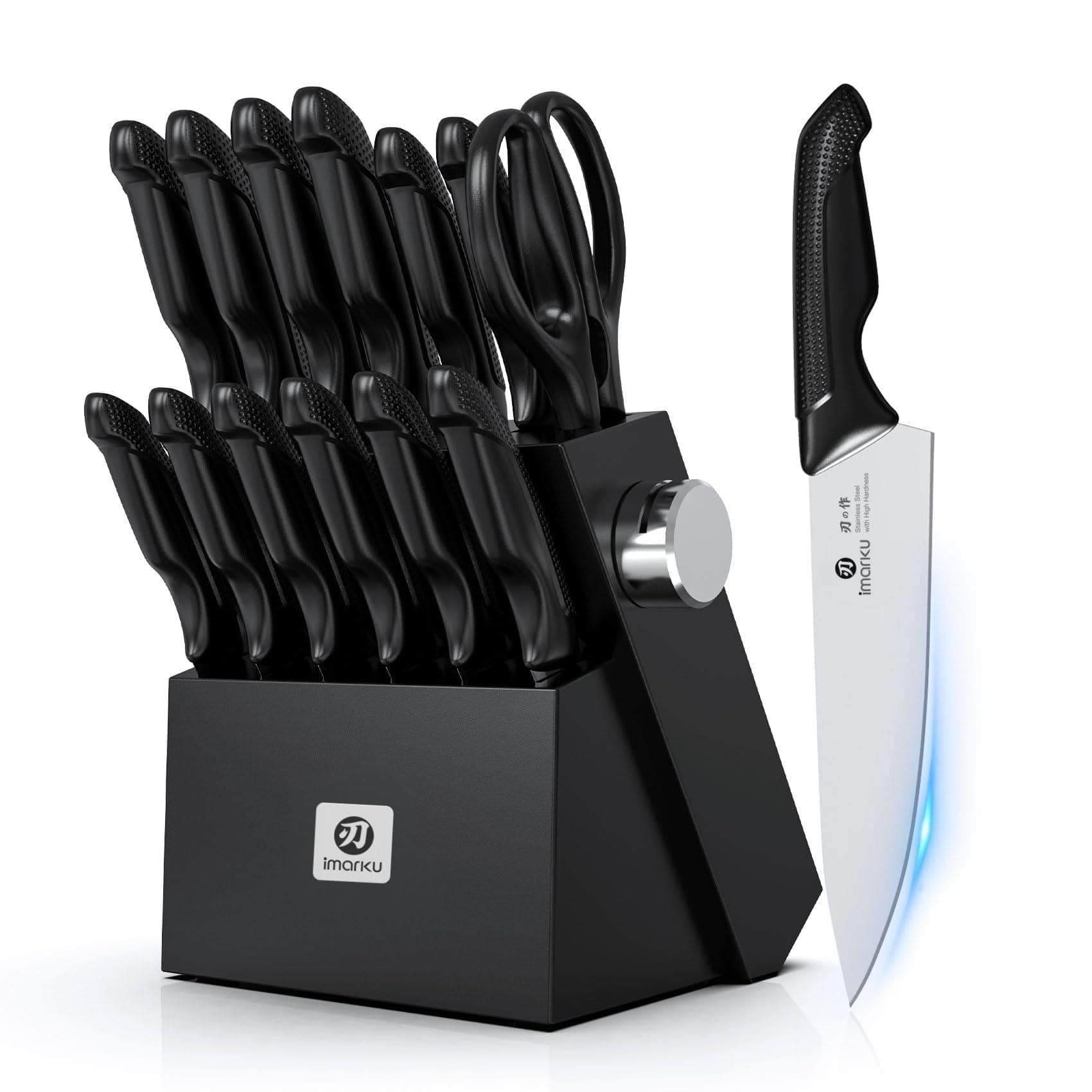 Knife Set with Block, Sharp Knives Set with Built-in Sharpener, Stainless Steel Kitchen Knife Sets with Non-Slip Ergonomic Handle, Dishwasher Safe, 14 PCS Professional Knife Set for Gift, Black