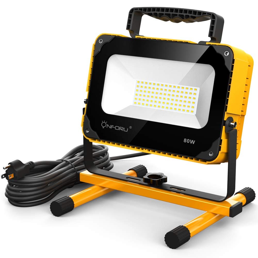 Onforu 80W LED Work Light, 8000LM Worklight with 2 Brightness Levels, 800W Equivalent Construction Lights with Stand, Flood Light with 16.4ft Cord Plug for Workshop,Garage,Jetty, 5000K Daylight White