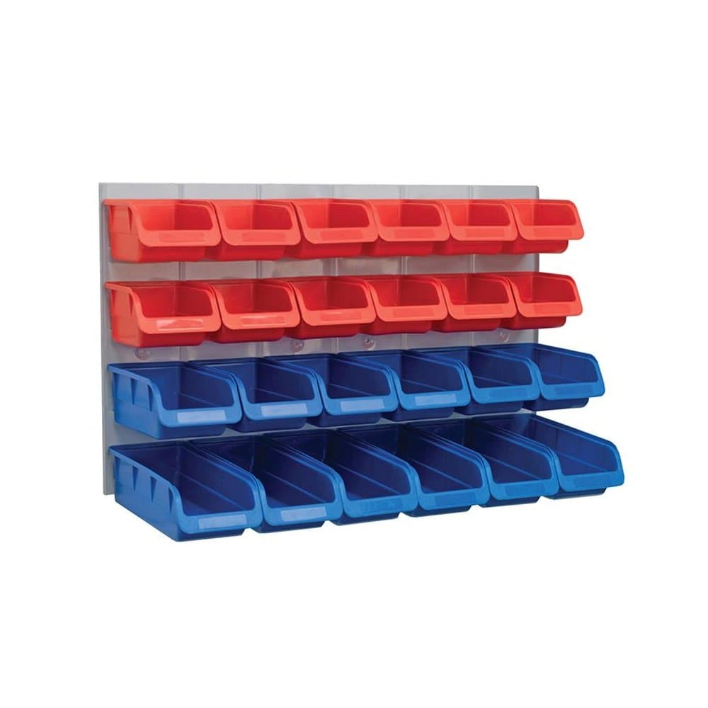 24 Wall Mounted Storage Bins with Metal Back Panel – Plastic Parts Organiser for Garage, Workshop, Van or Shed – 64 x 38 x 22cm