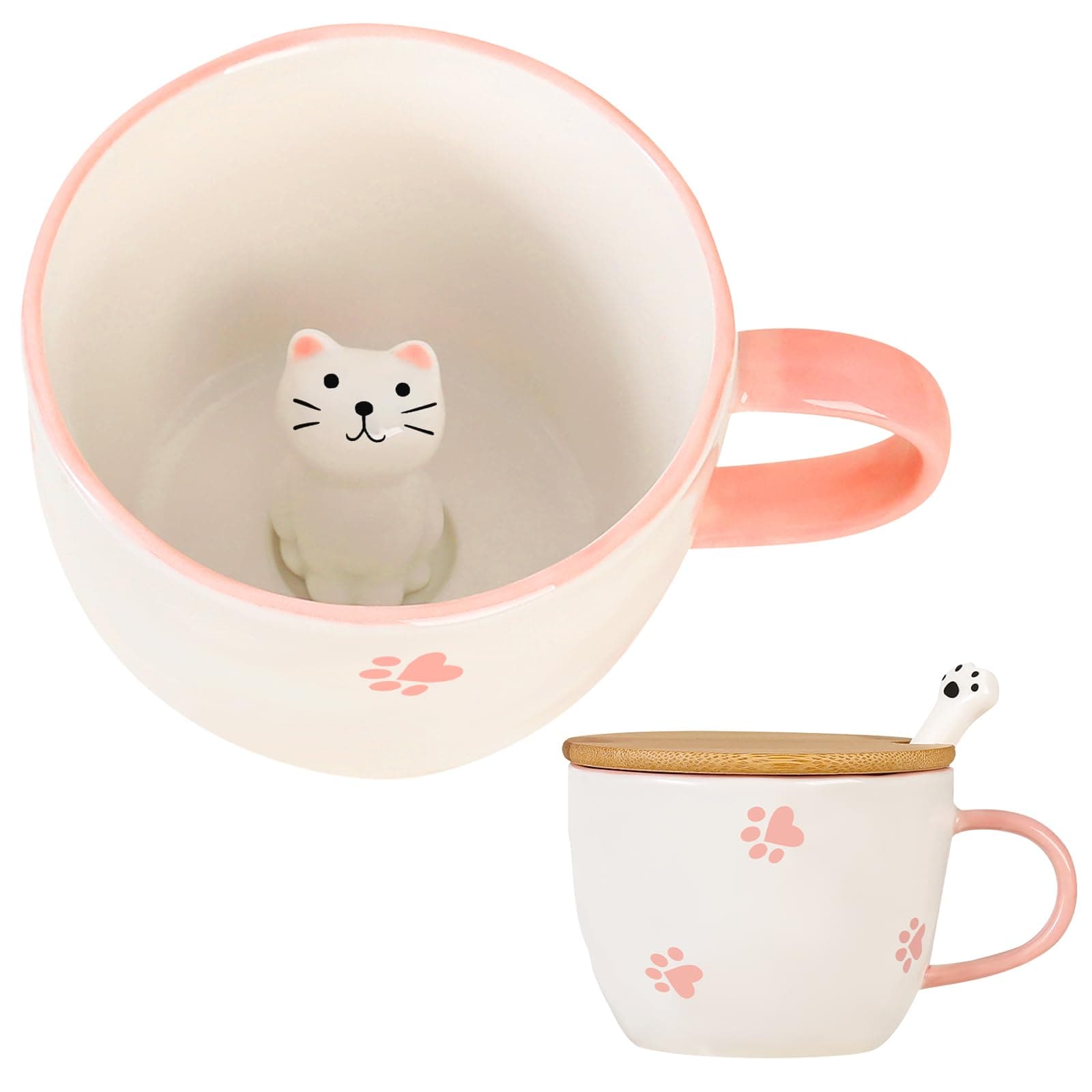 BigNoseDeer Kawaii Cat Mug with 3D Kitty Inside Ceramic Tea Cup Coffee Mug Cute Mugs Gifts for Women, Kids, Friends, Girls, Teens (13oz, 400ml) - Cat-shaped, Novelty Coffee Mugs