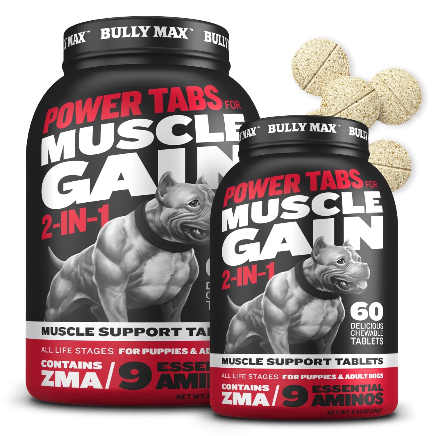 2-in-1 Muscle Builder Chewable Tablets for Dogs - Puppy & Dog Vitamins, Supplements for Muscle Gain & Growth - Canine Multivitamins Essentials for All Breeds & Ages - 60 Tabs, 2 Bottles