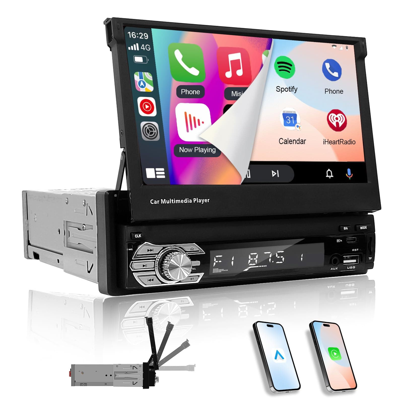 Single Din Touch Screen Car Stereo with Carplay & Android Auto,EZoneTronics 7 inch HD Flip Out 1 din Touch Screen Bluetooth Car Radio,Mirror Link/Steering Wheel Control/FM/Aux/USB+Type-C Ports