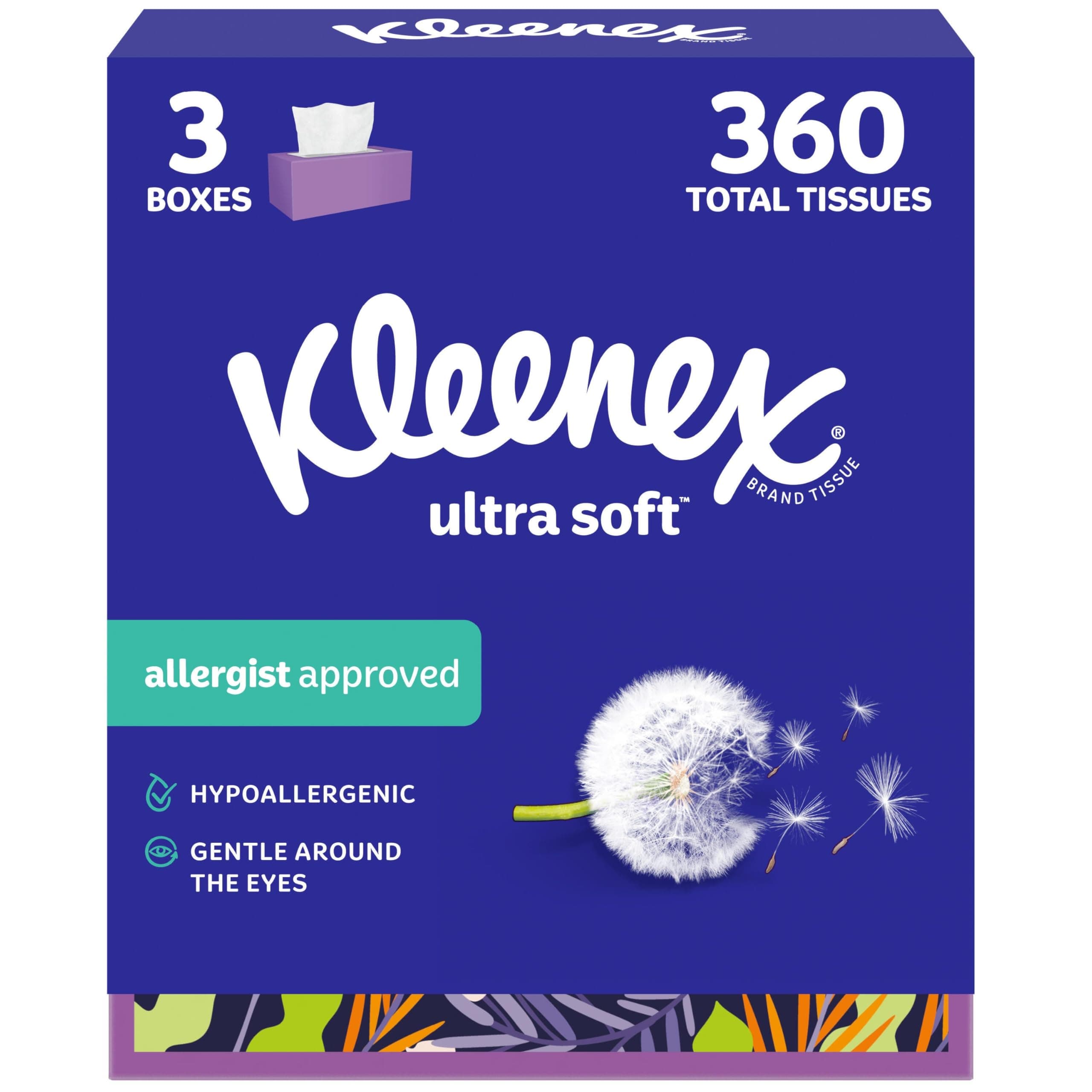 Kleenex Ultra Soft Facial Tissues, 3 Flat Boxes, 120 Tissues per Box, 3-Ply (360 Total), Packaging May Vary