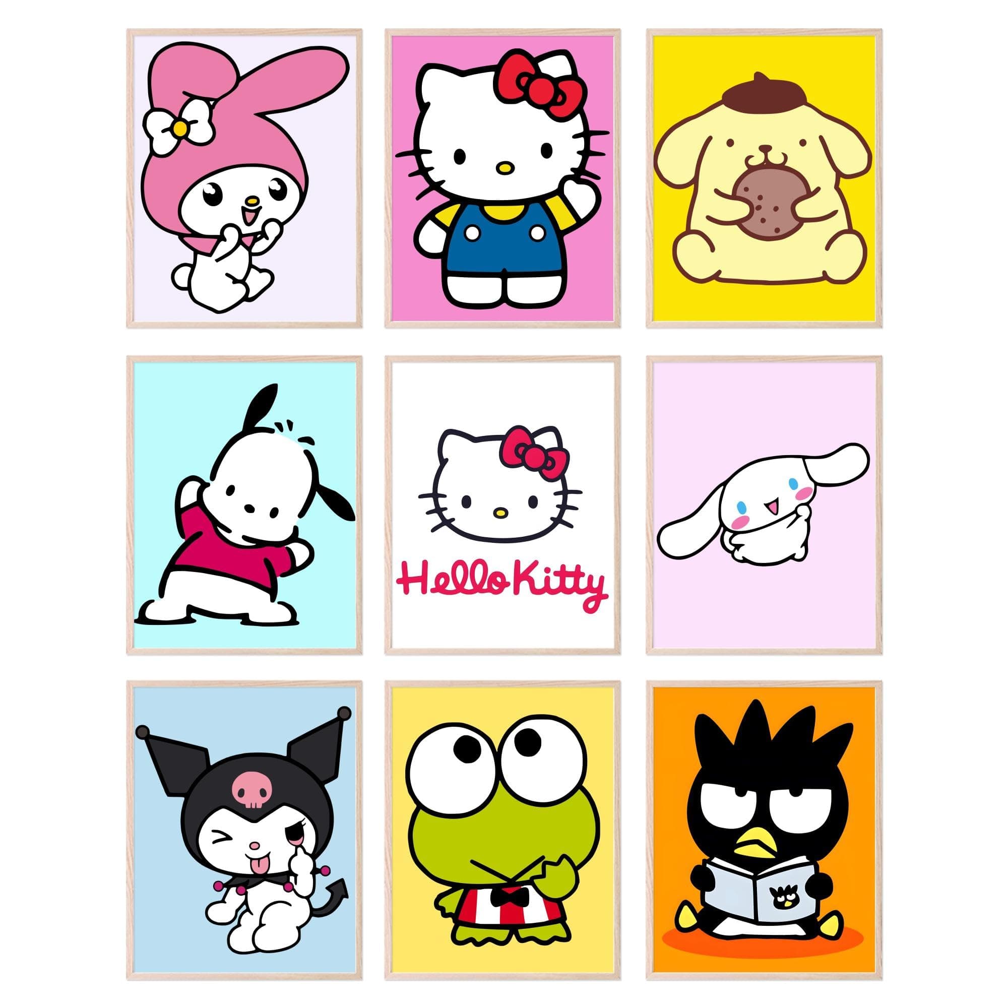 BigWig Prints Hello Kitty Poster Set - Hello Kitty Wall Decor, My Melody, Keroppi, Pompompurin, Kuromi, Badtz-Maru, Cinnamoroll, Wall Art Posters for Girls bedroom - Unframed Set Of 9 (8x10”)