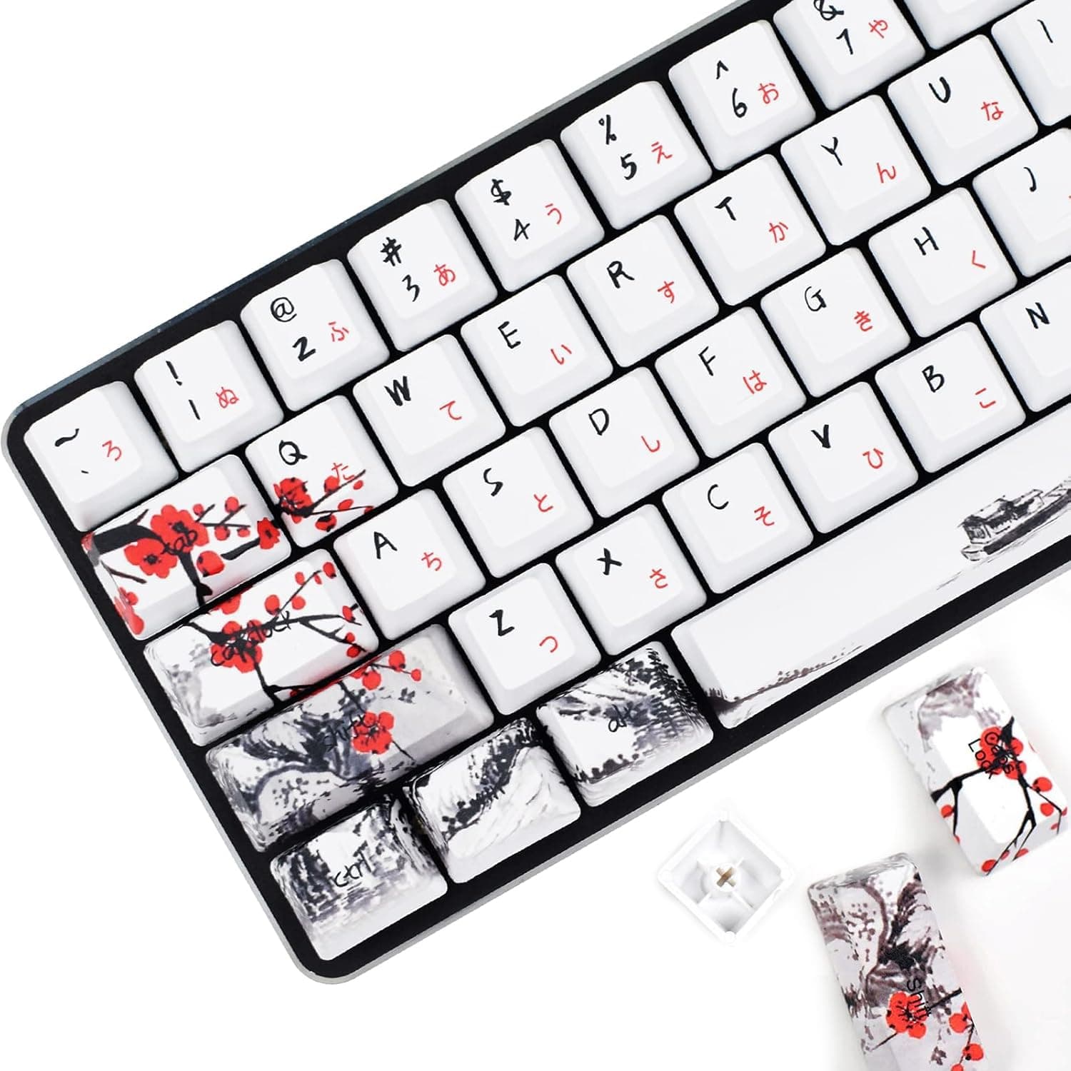 MOLGRIA Keycaps 71 Set for Gaming Mechanical Keyboard, Custom PBT OEM Profile Key caps Japanese Font with Keycap Puller for Cherry MX 71/61 60 Percent Keyboard(Plum Blossom)