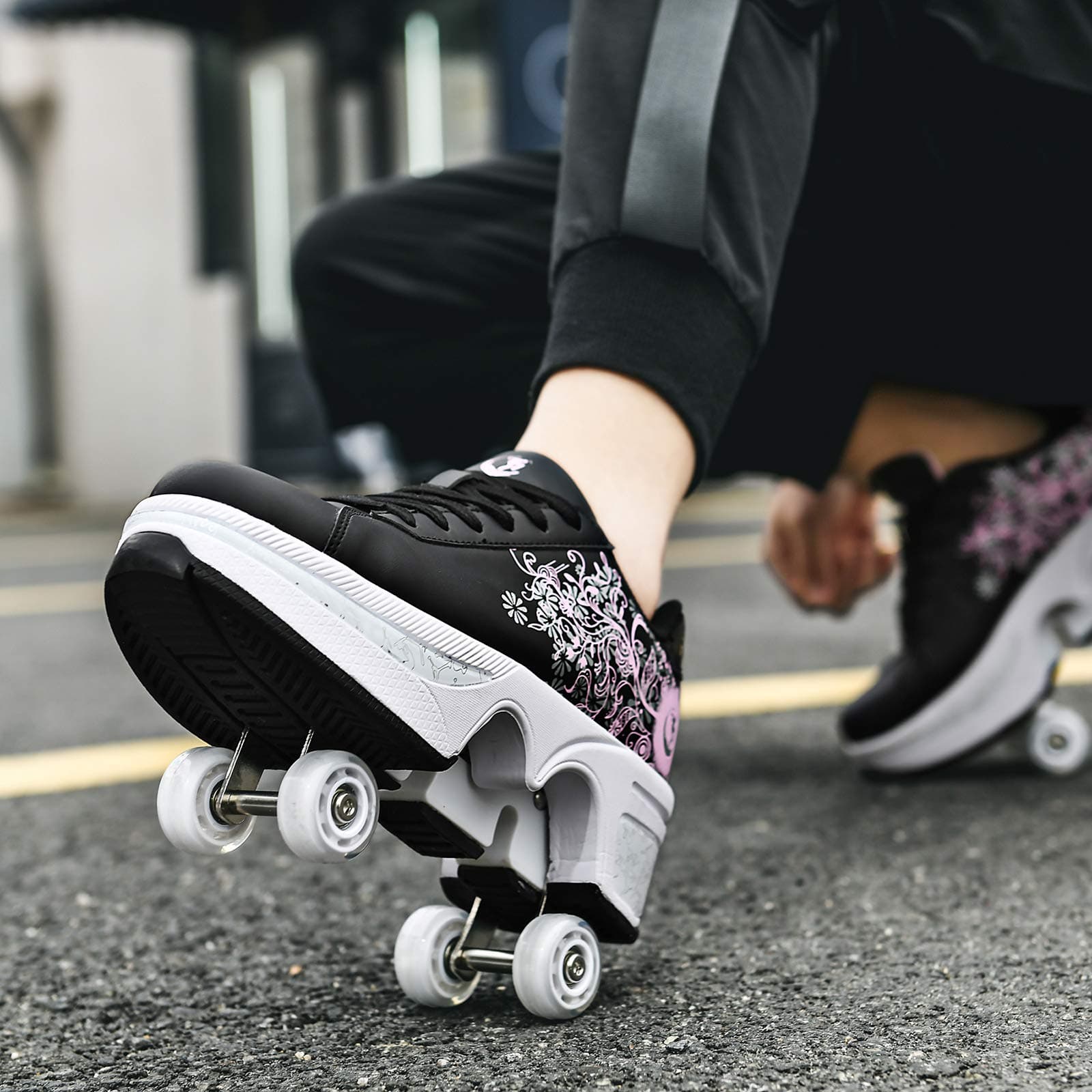 Double-Row Deform Wheel Automatic Walking Shoes Invisible Deformation Roller Skate 2 in 1 Removable Pulley Skates Skating Parkour