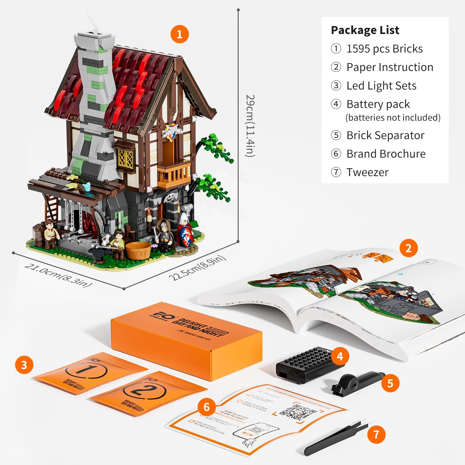 FUNWHOLE Medieval Forge House Lighting Building Bricks Set with Lights - 1595 Pcs Blacksmith Kit Castle House Collectible Display Set for Adults and Teens