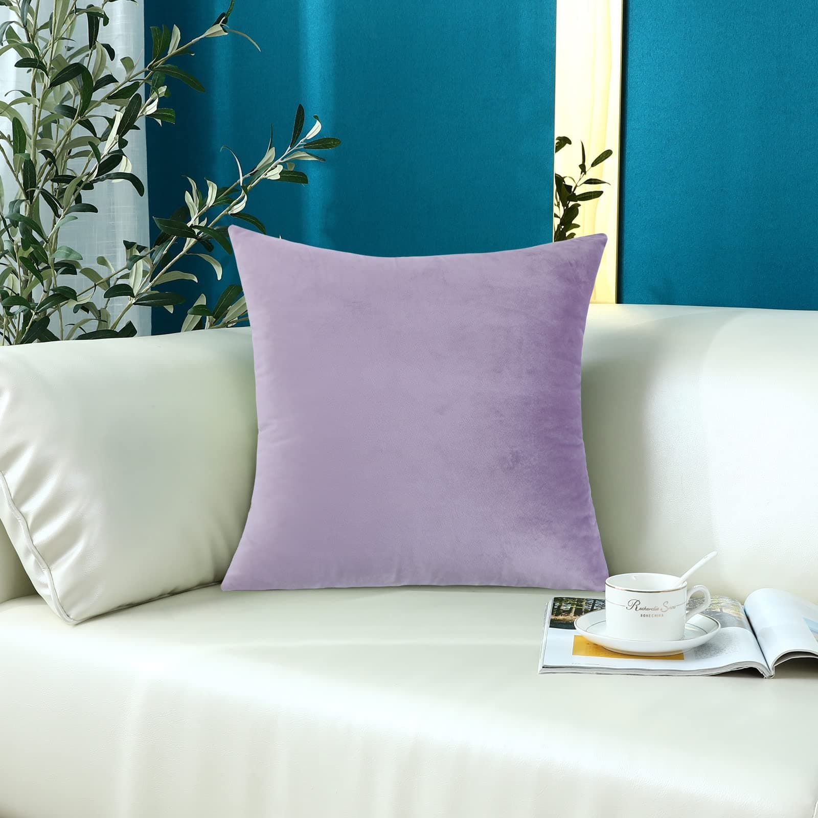 mixeoo Comfy Lavender Throw Pillow Covers Decorative Square Solid Thick Velvet Super Soft Cushion Cases Home Decor for Sofa Couch Living Room Chair, Set of 1, 24 x 24 Inch