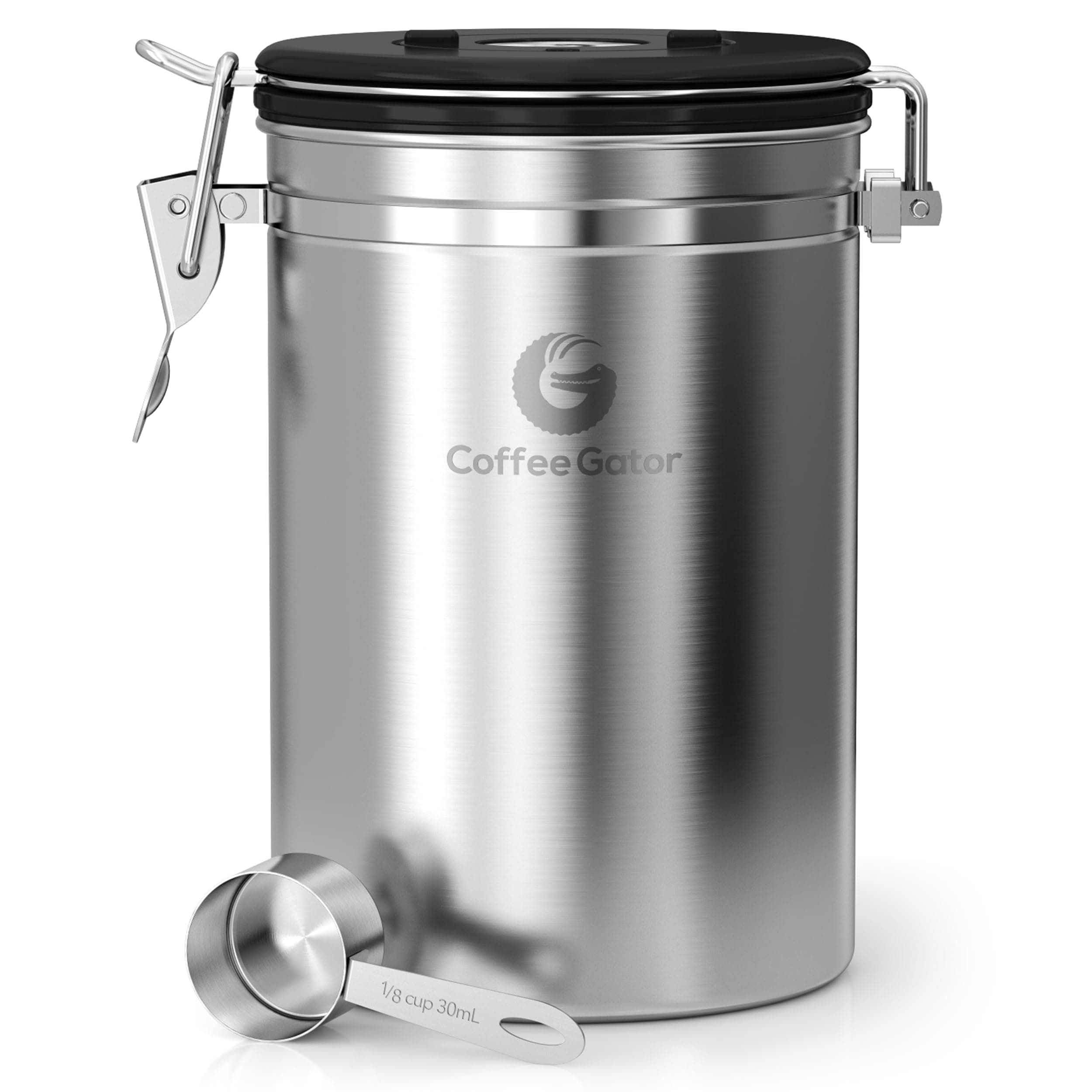 Coffee Gator Coffee Canister Airtight 1900 mL, Stainless Steel Kitchen Food Storage Container with Date Tracker, CO2 Valve, Scoop for Grounds Coffee, Beans,Tea, Sugar, Flour, Snacks
