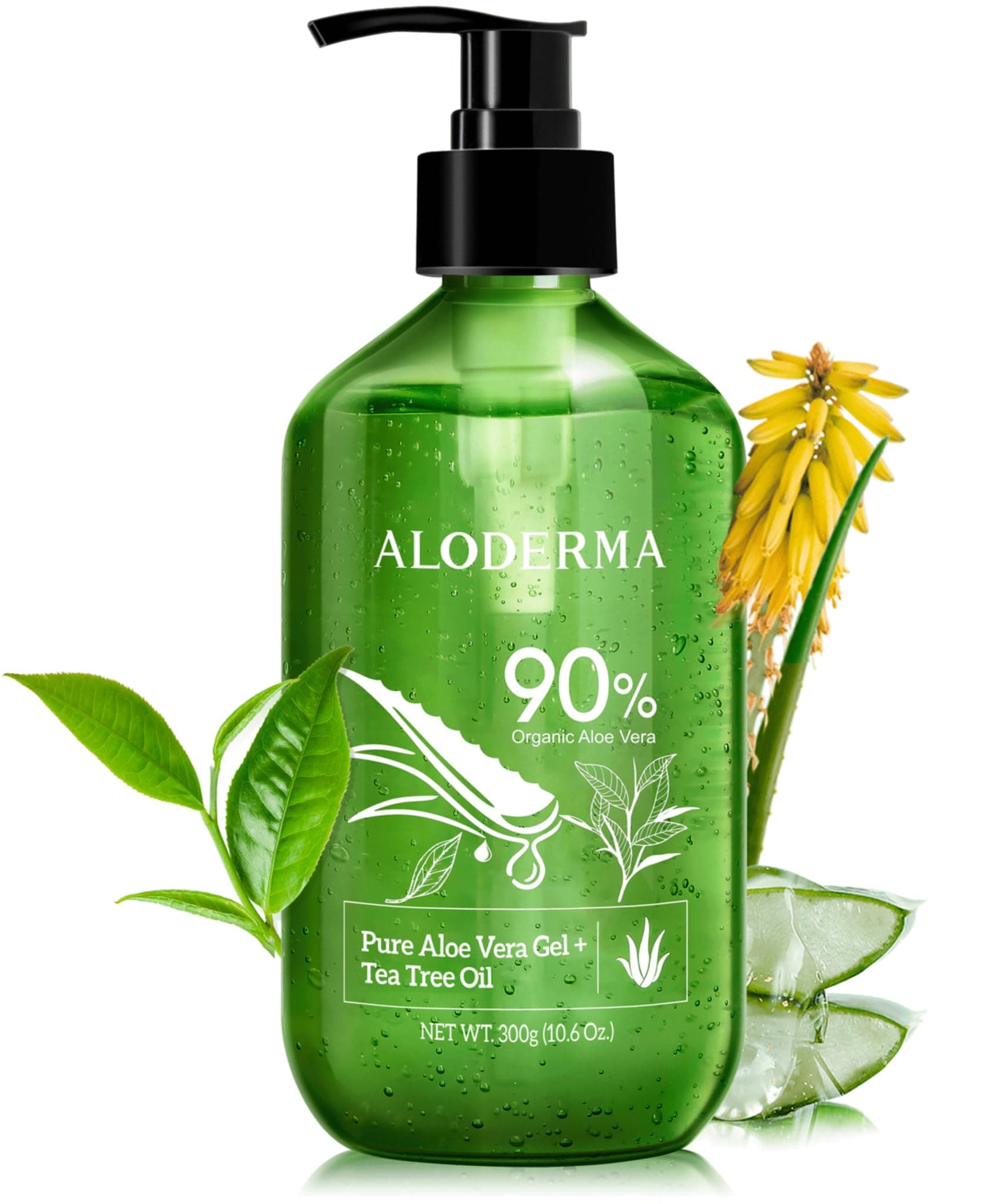 Aloderma Aloe Vera Gel + Tea Tree Oil, Made within 12 Hours of Harvest with 90% Organic Aloe Vera, Multipurpose Use for After Sun, Hair, Scalp, and Face or Shaving Gel & Aftershave - 10.6Oz