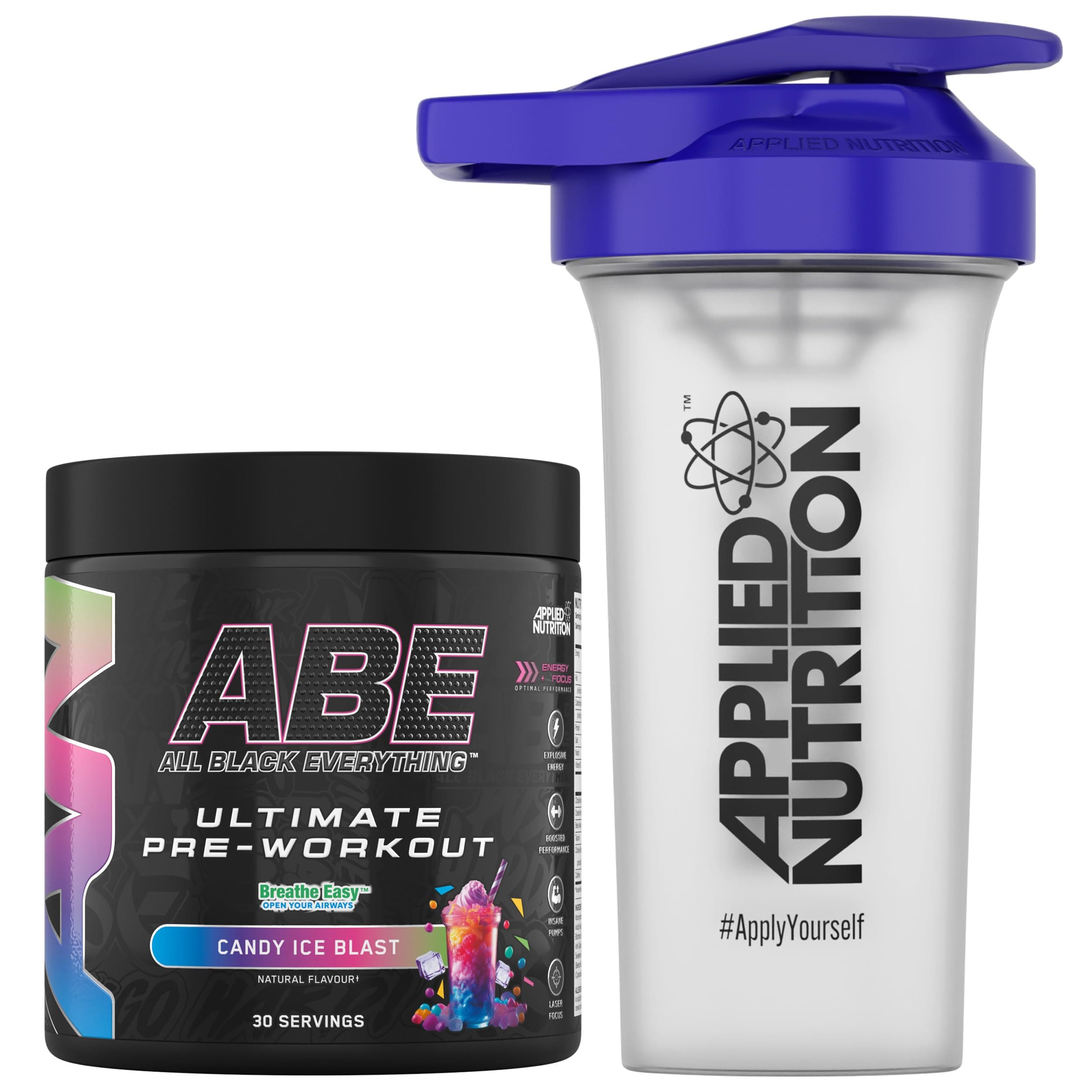 Applied Nutrition Bundle ABE Pre Workout 375g + 700ml Protein Shaker | All Black Everything Pre Workout Powder, Energy & Physical Performance with Creatine, Beta Alanine (Candy Ice Blast)