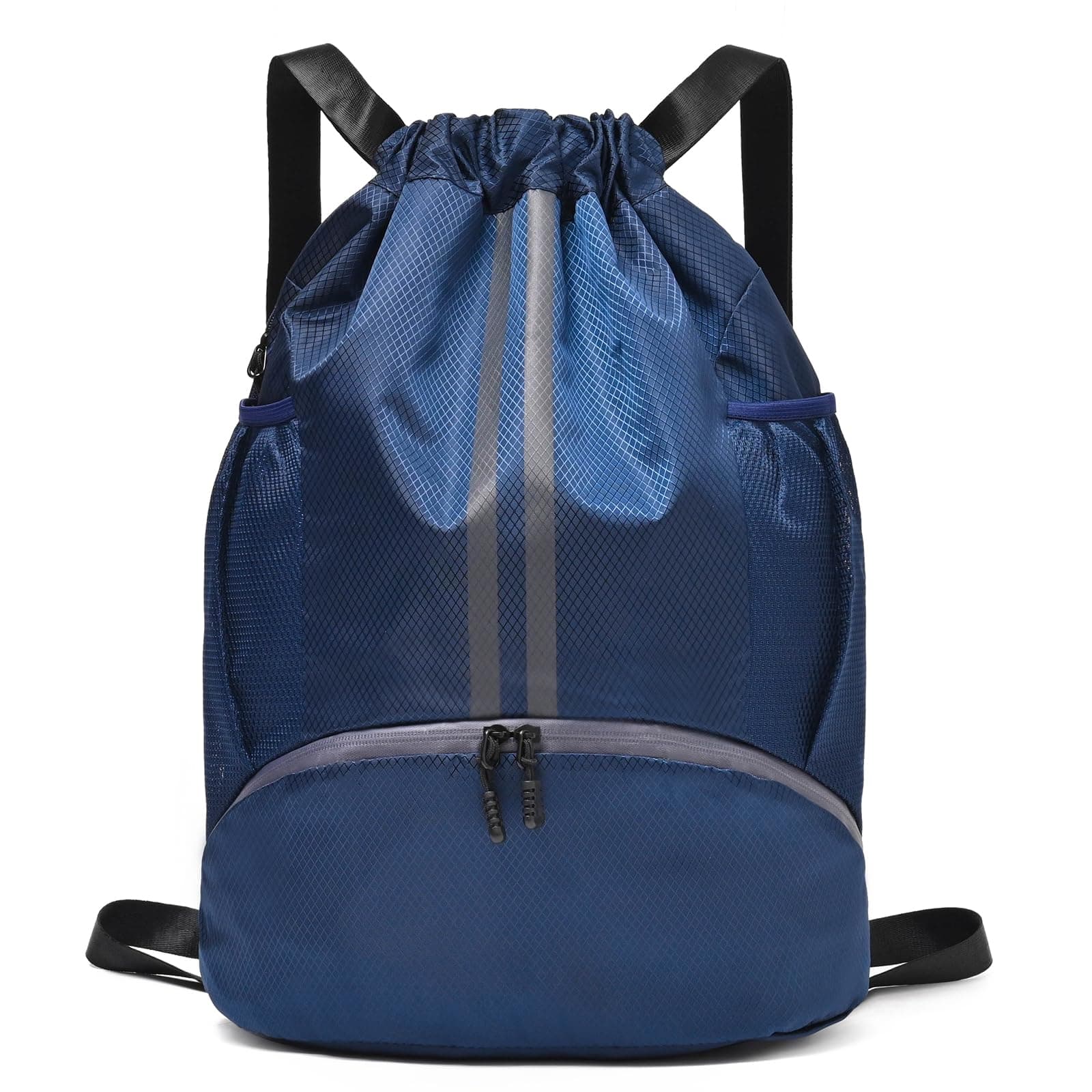 Drawstring Gym Bag for Men, Waterproof Drawstring Backpack for Women, Swim Backpack with Shoes Compartment, Pull String Sport Bag for Soccer and Basketball. (Dark Blue)