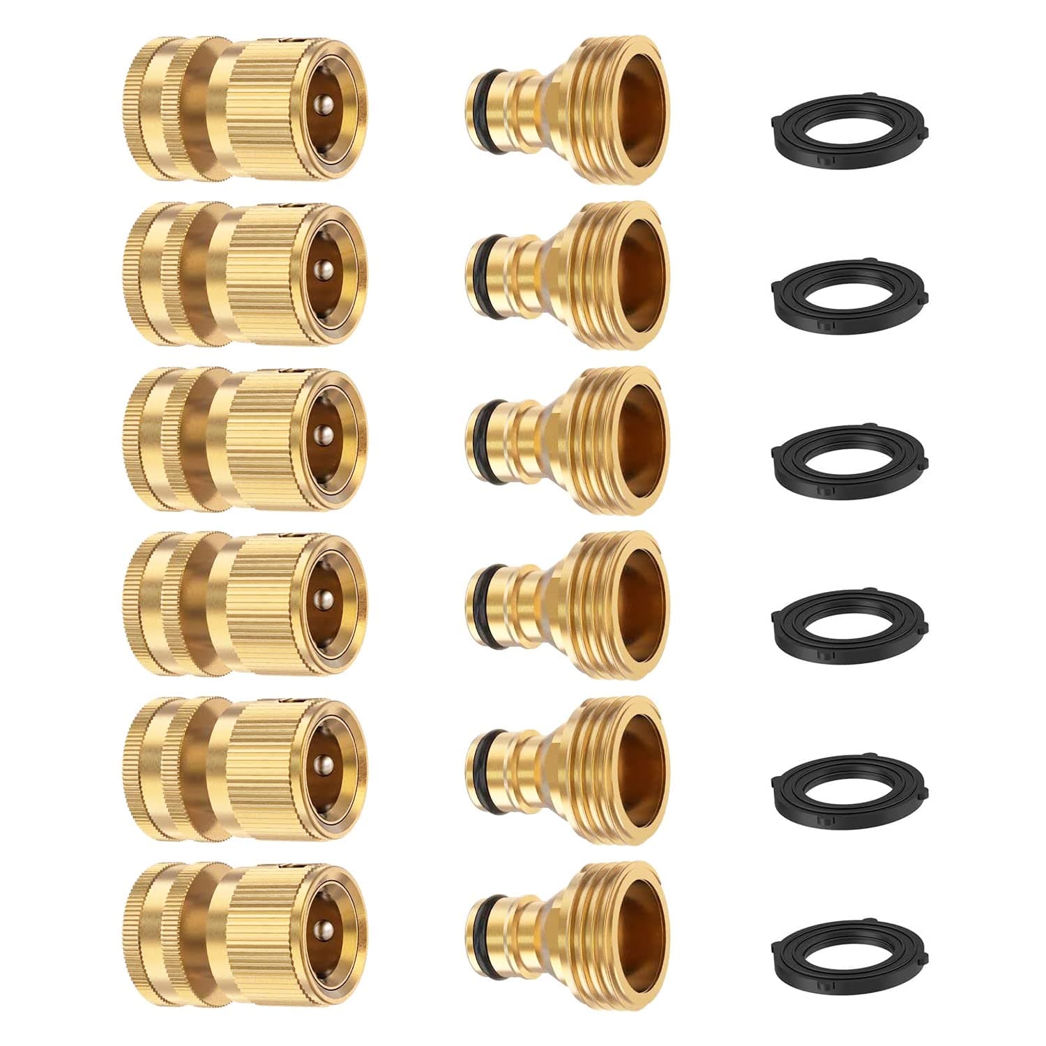 Garden Hose Quick Connector, Solid Brass 3/4 Inch Thread Fitting No-Leak Water Hose Female and Male Easy Connect (6 Sets)