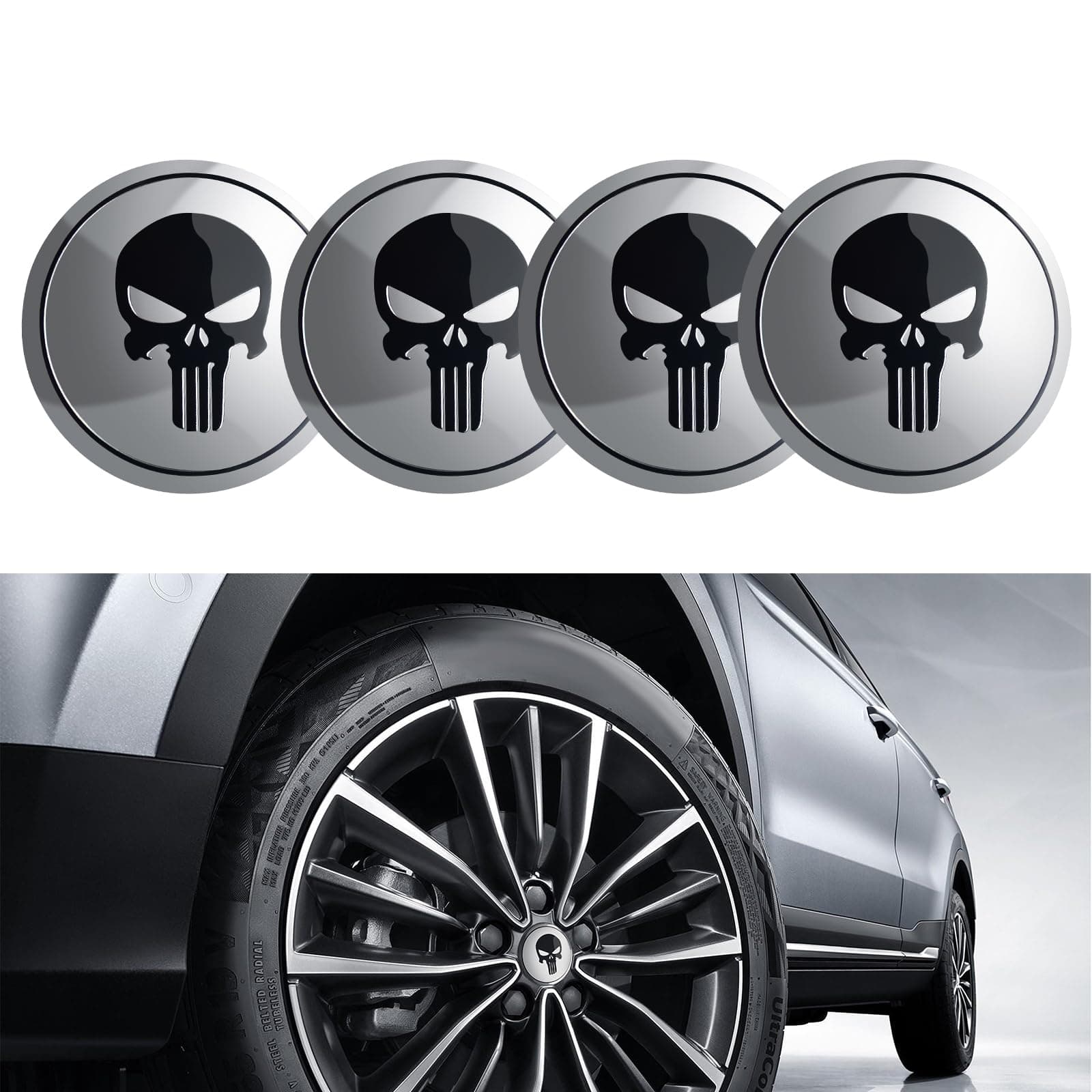 4 PCS Car Hub Cap Sticker, 2.2" High-Temperature Paint Metal Material Tusked Skull Design Personalized Sticker, Auto Modified Decorative Accessories, Suitable for Most Car Models (Silver)