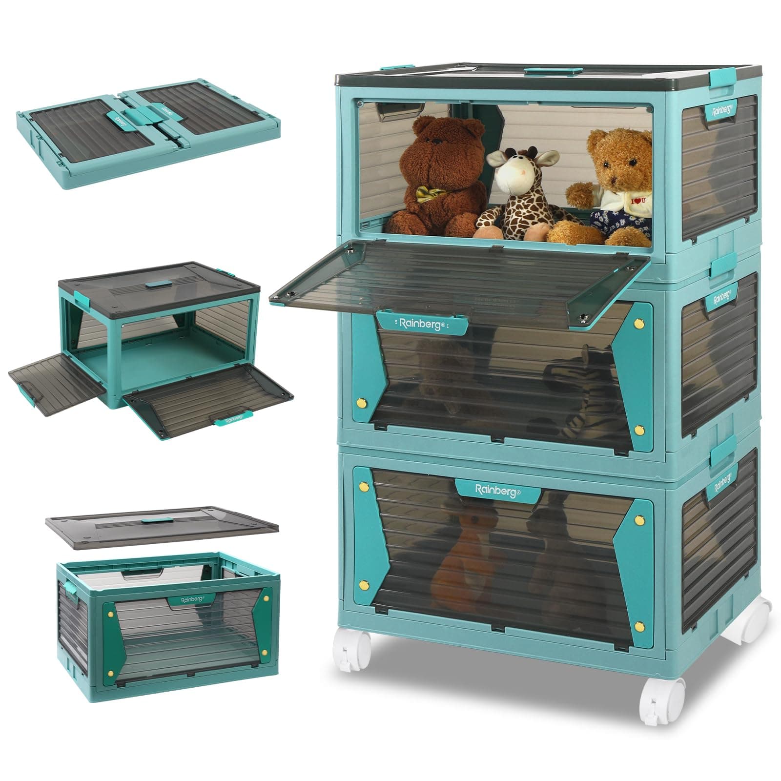 Rainberg Large Storage Boxes with Lids, Strong & Sturdy Plastic Storage Boxes, Stackable Nestable Container for Home & Office use. (Blue & Grey, 3 Tier 150L Storage)