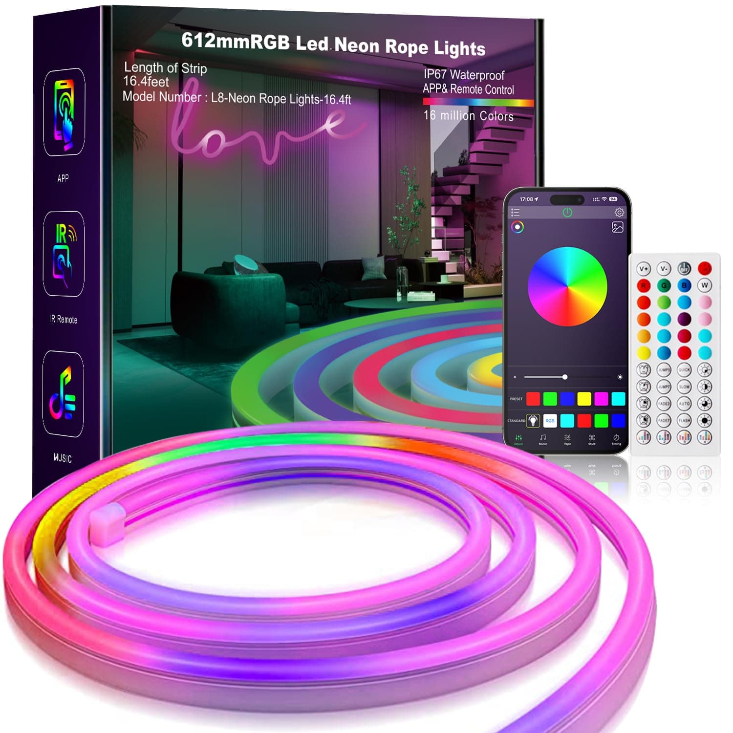 L8star 16.4ft Rgb Led Neon String Light with Remote Control, Smart Color Changing Diy Mode, Flexible Neon Strip Lights for Indoor and Outdoor Bedroom Decoration