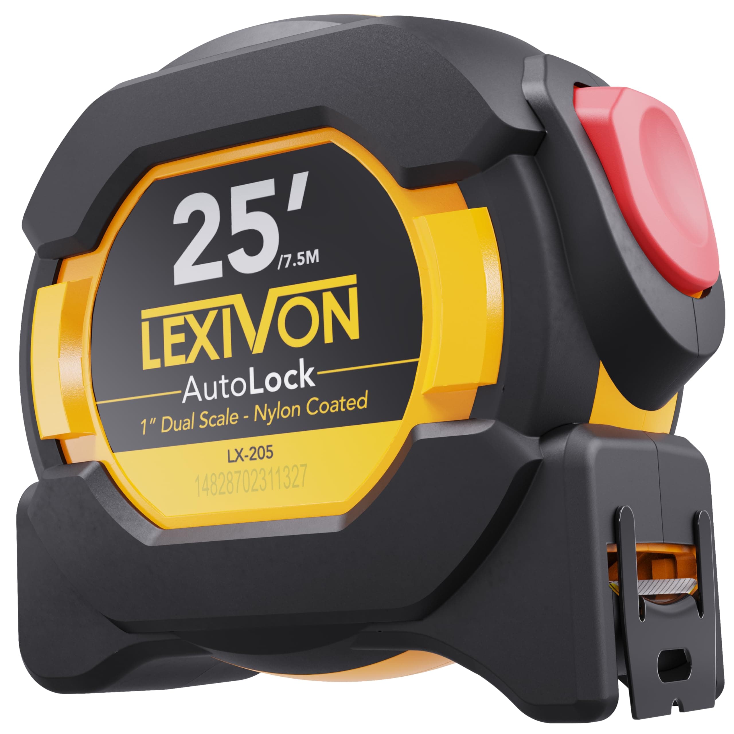 25Ft/7.5m AutoLock Tape Measure | 1-Inch Wide Blade with Nylon Coating, Matte Finish White & Yellow Dual Sided Rule Print | Ft/Inch/Fractions/Metric (LX-205)