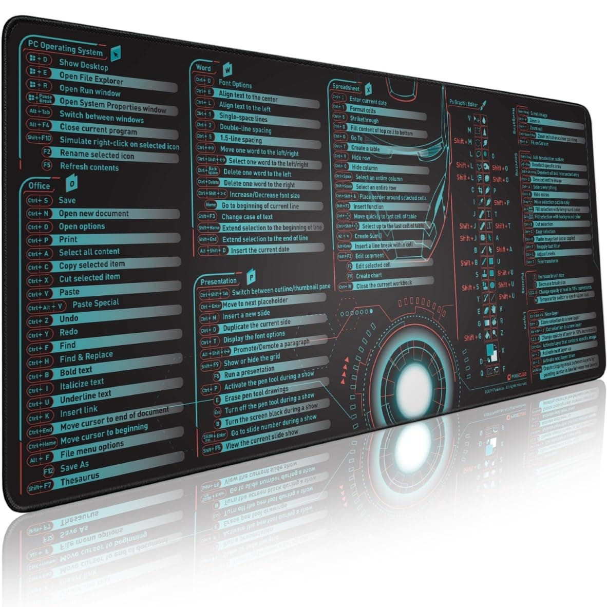 Windows, Office, Adobe Photoshop Shortcut Keys Large Computer Mouse Mat/Desk Pad for Gamer, Office & Home. Non-Slip Custom Extended Rubber Base Gaming Mousepad, Desk Protector Cover, Keyboard Blotter