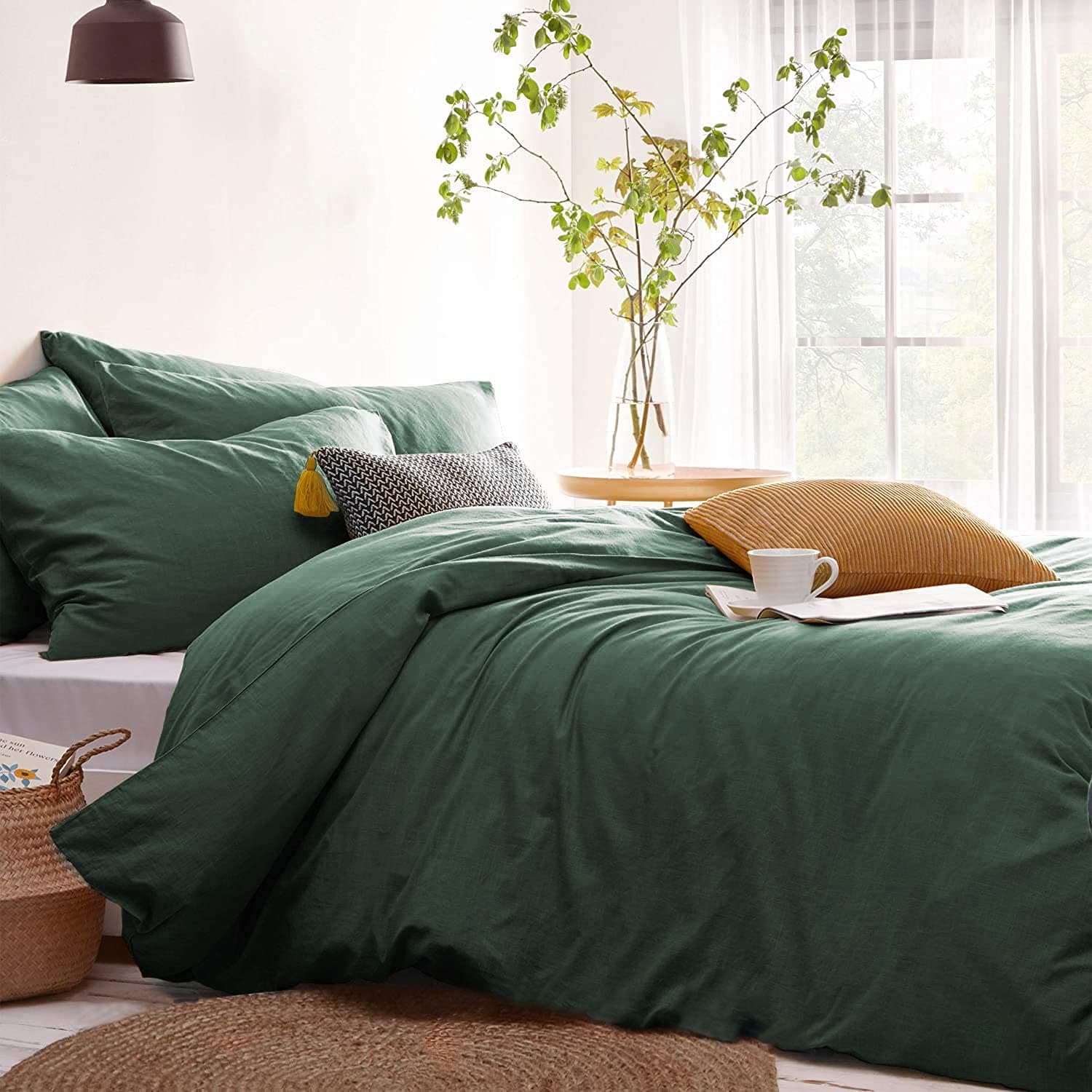 Lanqinglv Double Duvet Cover Set Dark Green Plain Microfiber Bedding Set Breathable Quilt Cover 200x200cm with Zipper Closure and 2 Pillowcases 50x75cm