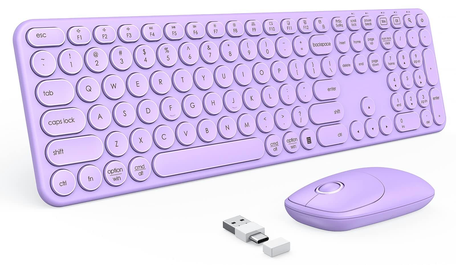 PEIOUS Wireless Keyboard and Mouse Combo, Cute Purple Keyboard & Mouse with USB and Type C Receiver, Full Size Wireless Mouse and Keyboard, Compatible for MacBook, Windows, Laptop, PC - Purple