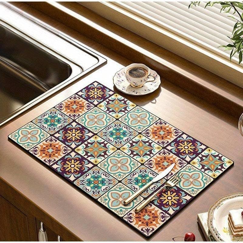 Dish Drying Mat for Kitchen Counter Hide Stain Super Absorbent, Non-Slip, Heat-Resistant, Great for Dishes,Rack Pad, Kitchen Counter, Coffee Maker, Coffee Item (Brown_Multi, 40x50cm)