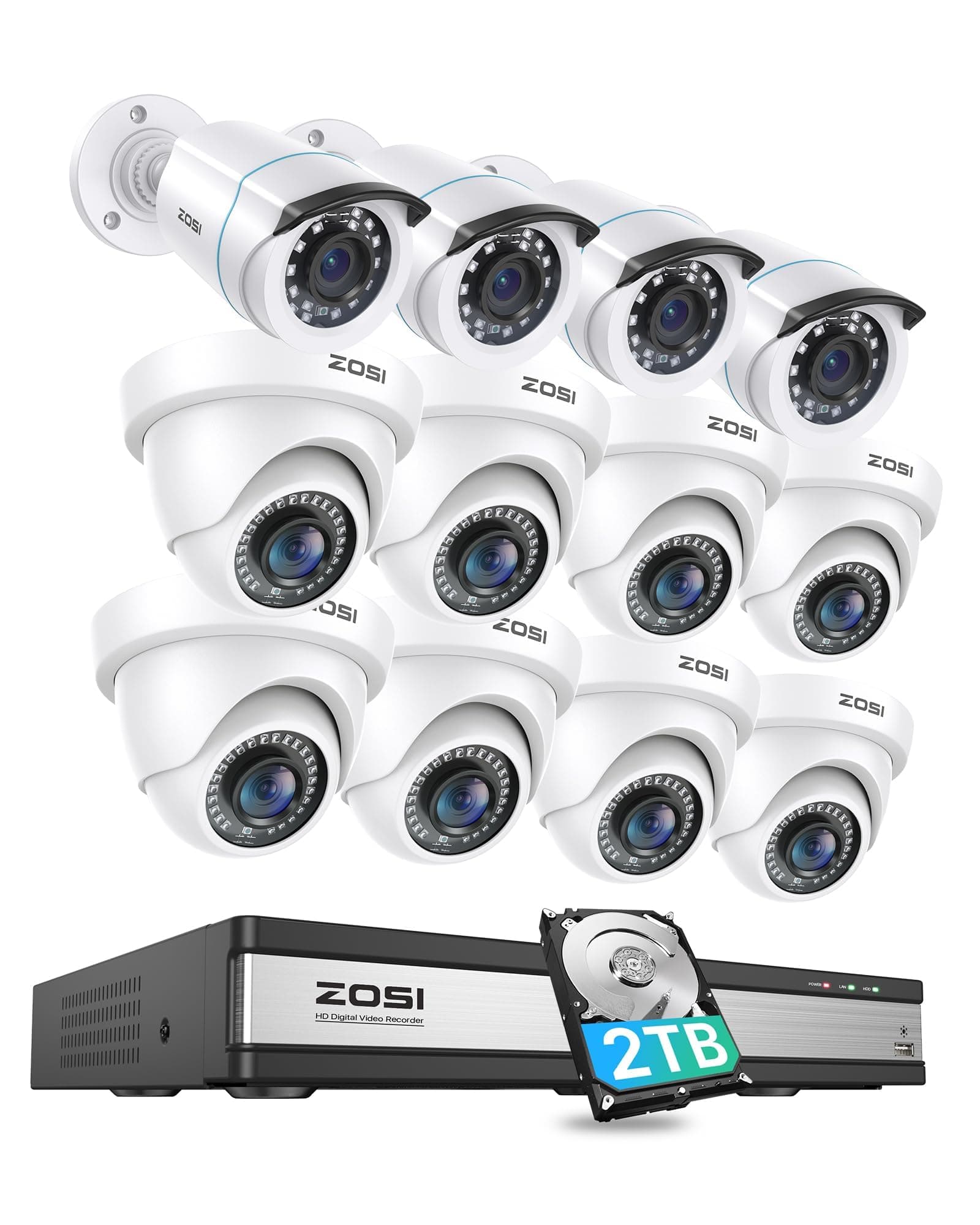 H.265+ 1080p 16 Channel Security Camera System, 16CH DVR with AI Human Vehicle Detect, 12 x 2MP Weatherproof Surveillance CCTV Bullet Dome Camera Outdoor, Night Vision, Remote Access, 2TB HDD