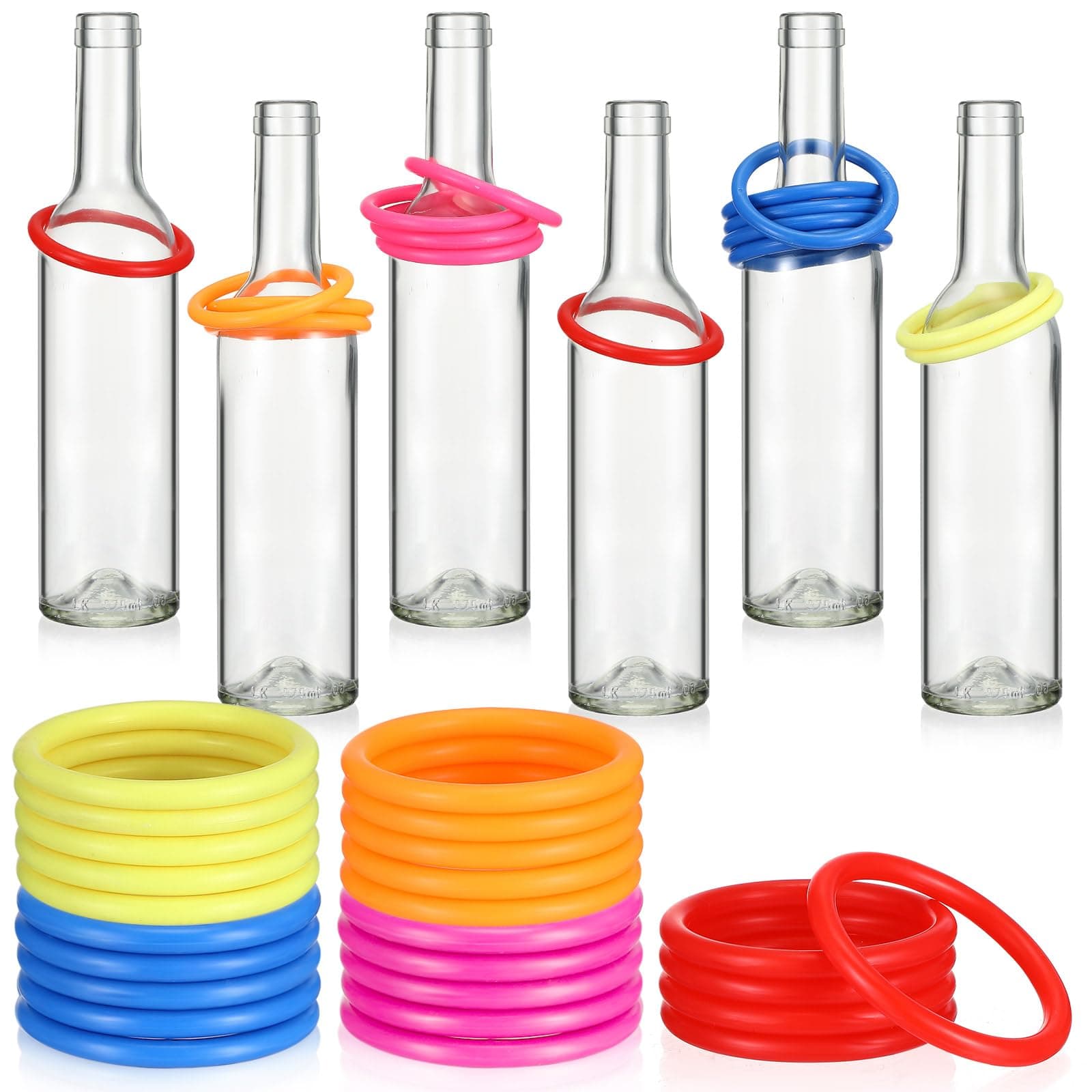Shappy 31 Pcs Ring Toss Game Set Include 25 Rings and 6 Glass Bottles Fun Target Carnival Games for Outside Activity Carnival Party Favor