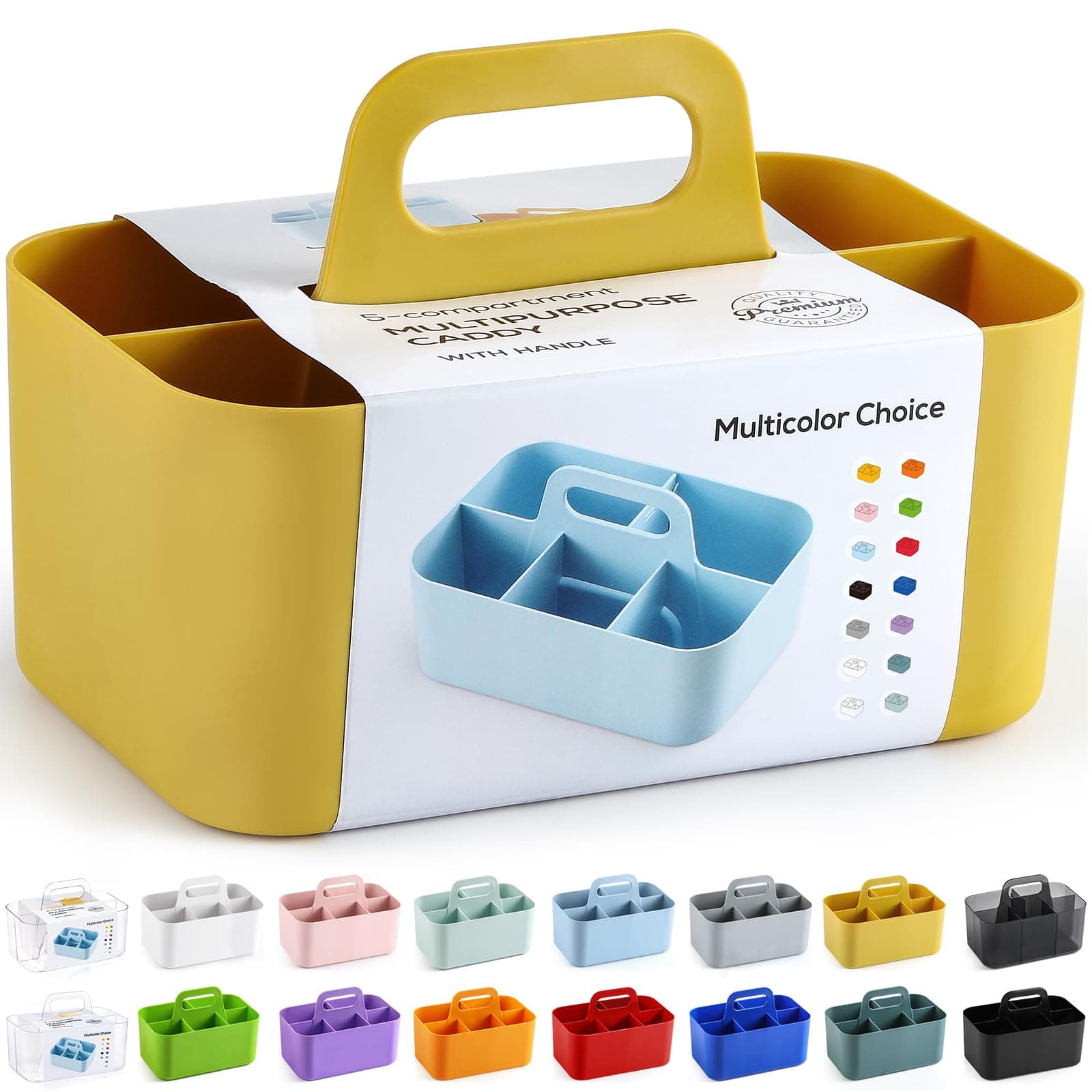 Multiuse Caddy Organizer with Handle - Stackable Plastic Bin Basket - Divided Storage Tote Holder for Art Craft Supplies, Makeup, Bathroom, Shower, Cleaning, Kitchen, Office, Dorm, Desktop - Yellow