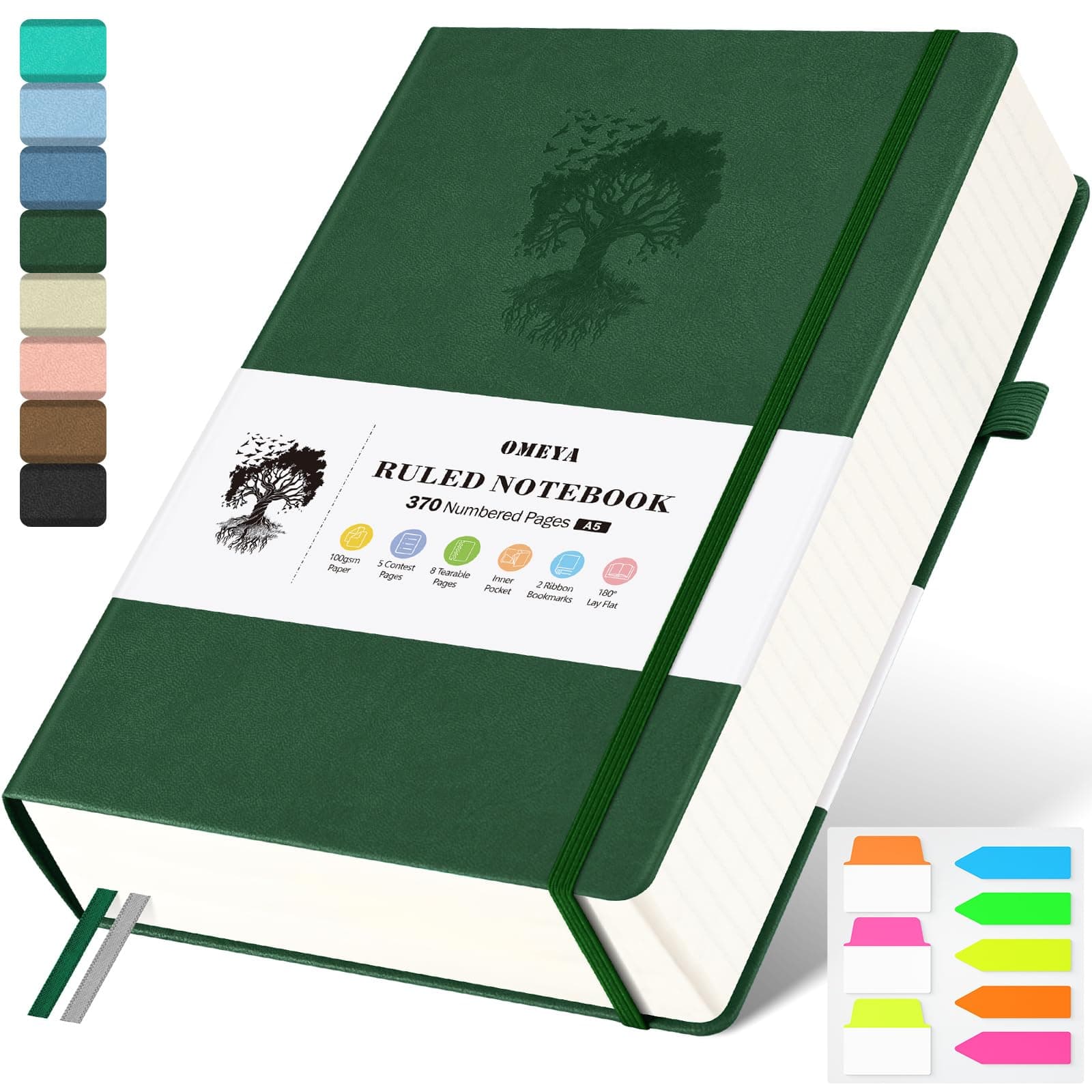 A5 Lined Journal Notebook, 370 Numbered Pages Thick Leather Journal for Writing, College Ruled Hardcover Notebook for Work,School with 100gsm Paper, Writing Journal for Women,Men (5.75" x 8.38" Green)