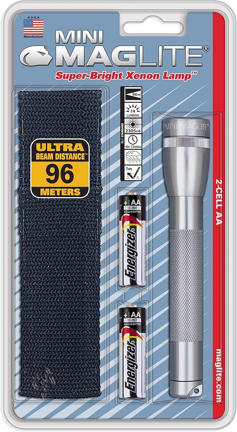 MagLite Mini Incandescent Flashlight – Compact, Water-Resistant, Twist On/Off, 2-Cell AA Battery-Powered with Holster – Gray