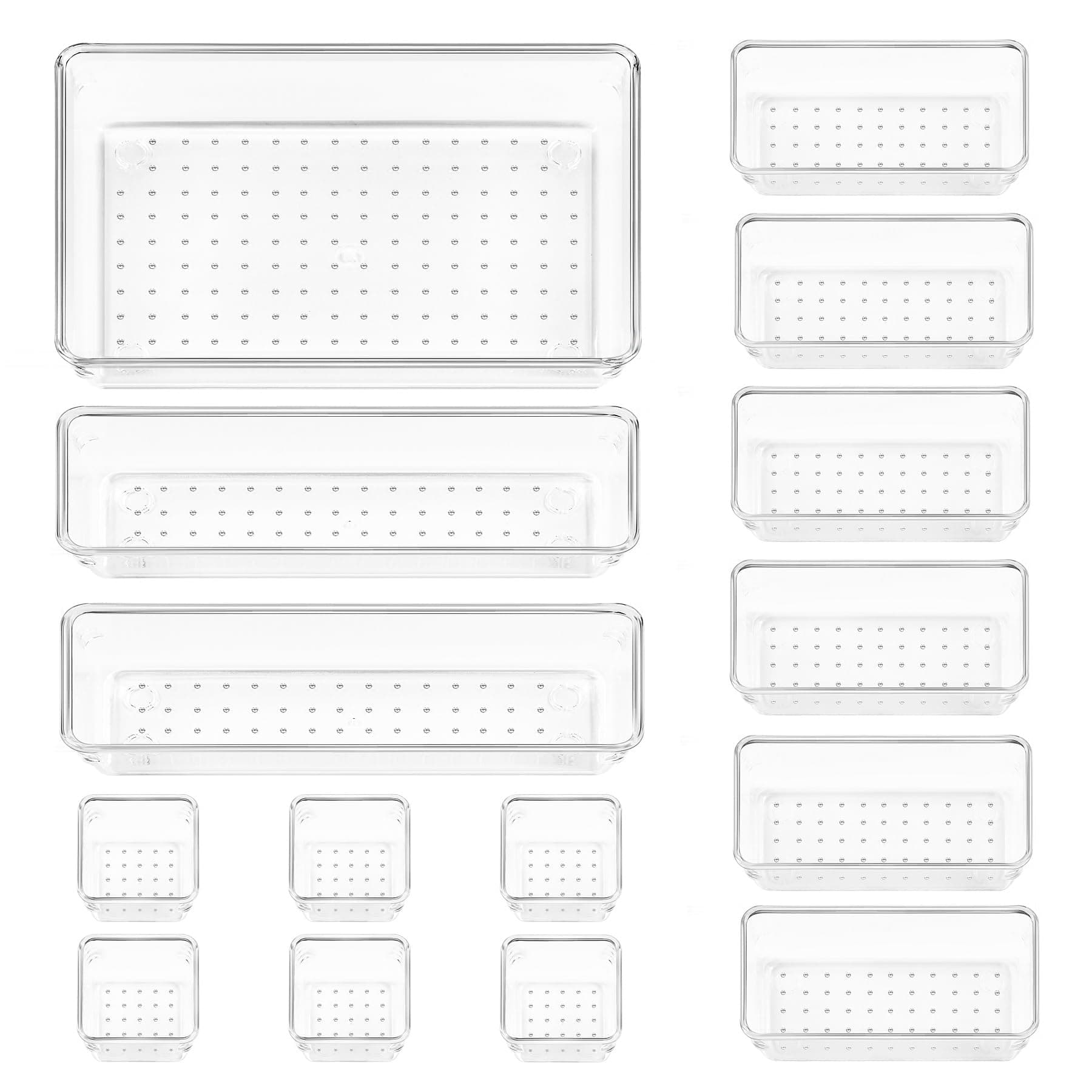 Vtopmart 15 PCS Clear Plastic Drawer Organizer Set, 4-Size Versatile Bathroom and Vanity Desk Organizer Trays for Makeup, Bedroom, Kitchen and Office